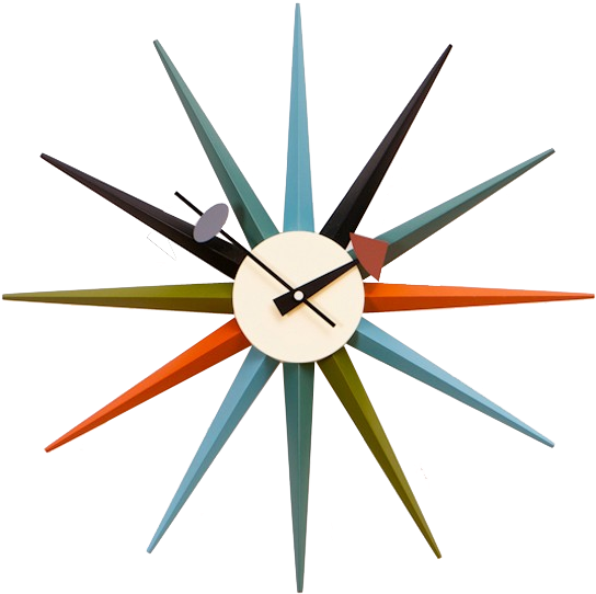 Multicolor 桌布 壁紙 — 充滿活力的中世紀現代星爆時鐘，色彩繽紛的幾何葉片在純黑背景上格外突出。