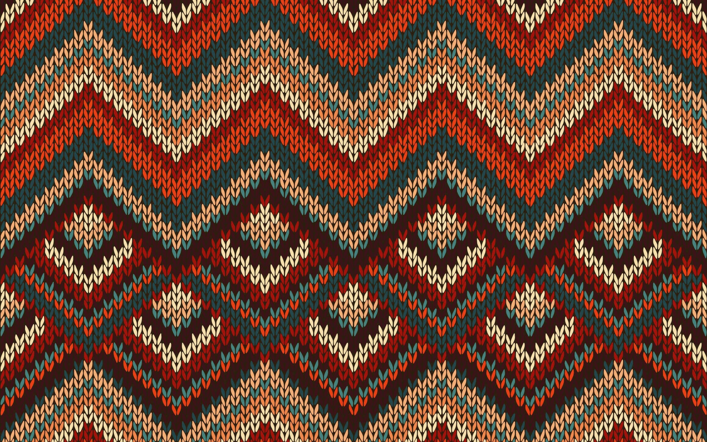 Textile Art 桌布 壁紙 — 充滿活力的之字形針織圖案，採用溫暖的紅色、藍綠色和奶油色，營造出舒適的紋理壁紙設計。