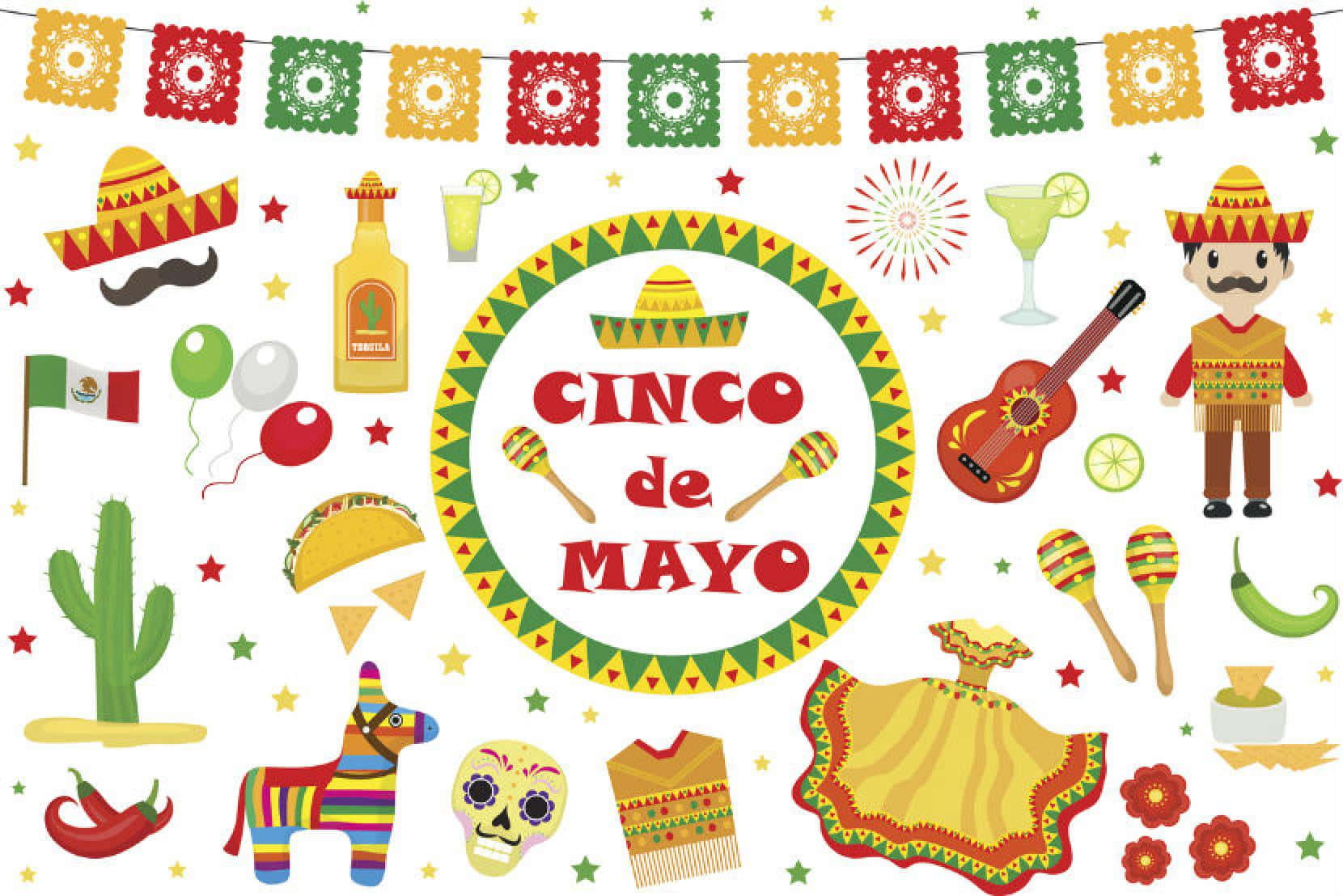 Sombrero 桌布 壁紙 — 充滿活力的五月五日節慶祝拼貼畫，包含墨西哥寬邊帽、沙槌、玉米餅和節日墨西哥圖標，背景是星光點點的白色。
