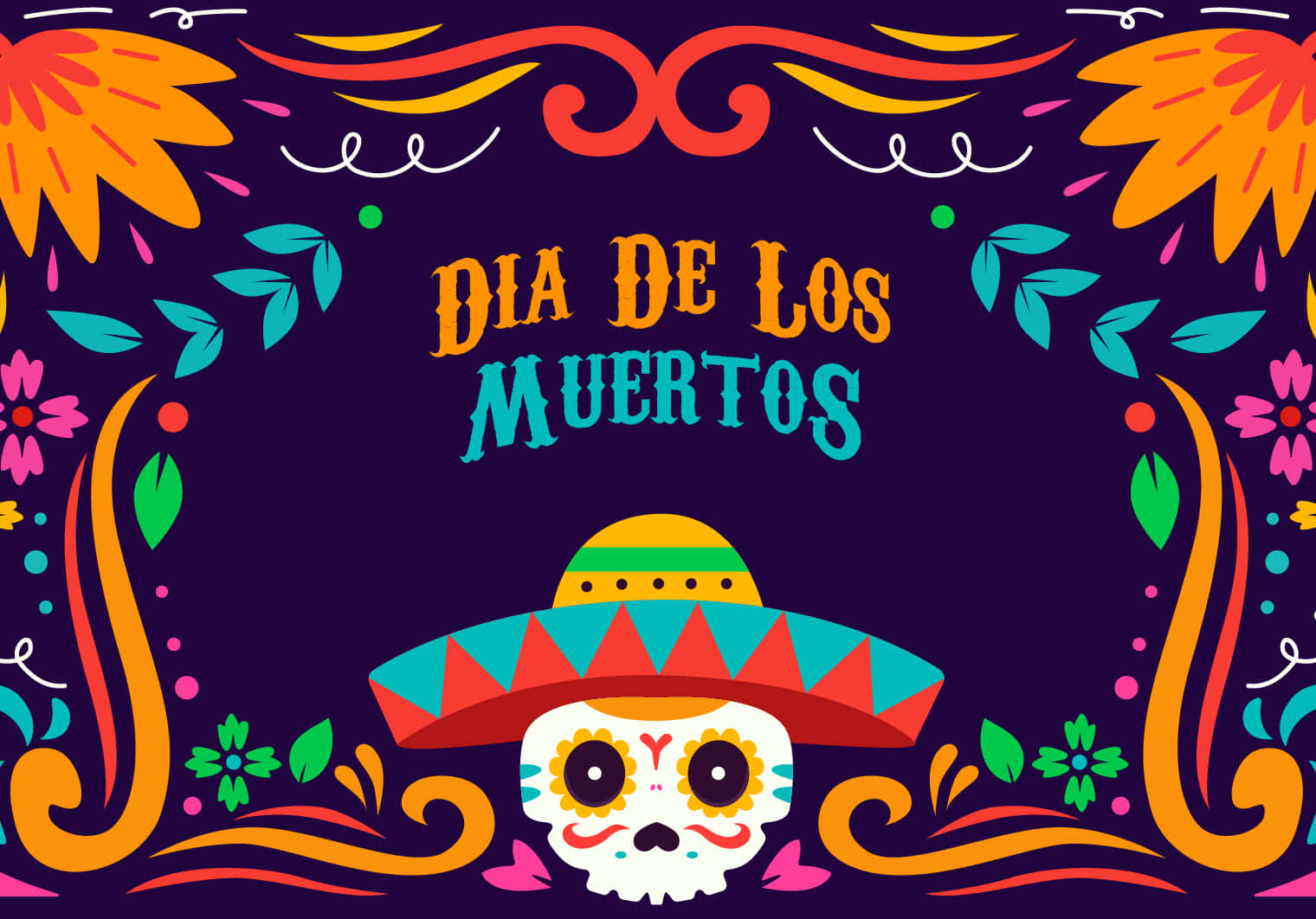 Dia De Los Muertos 桌布 壁紙 — 充滿活力的亡靈節插圖，以一個戴著墨西哥闊邊帽的彩色糖骷髏為特色，周圍環繞著花卉圖案，背景為深紫色。