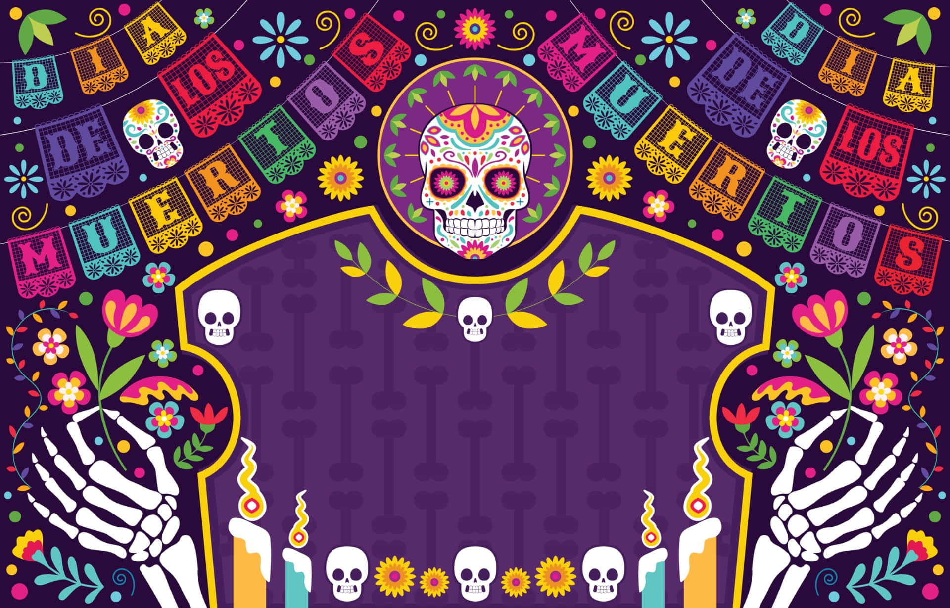 Dia De Los Muertos 桌布 壁紙 — 充滿活力的亡靈節祭壇，色彩繽紛的頭骨、鮮花、蠟燭和骷髏手，背景為深紫色。