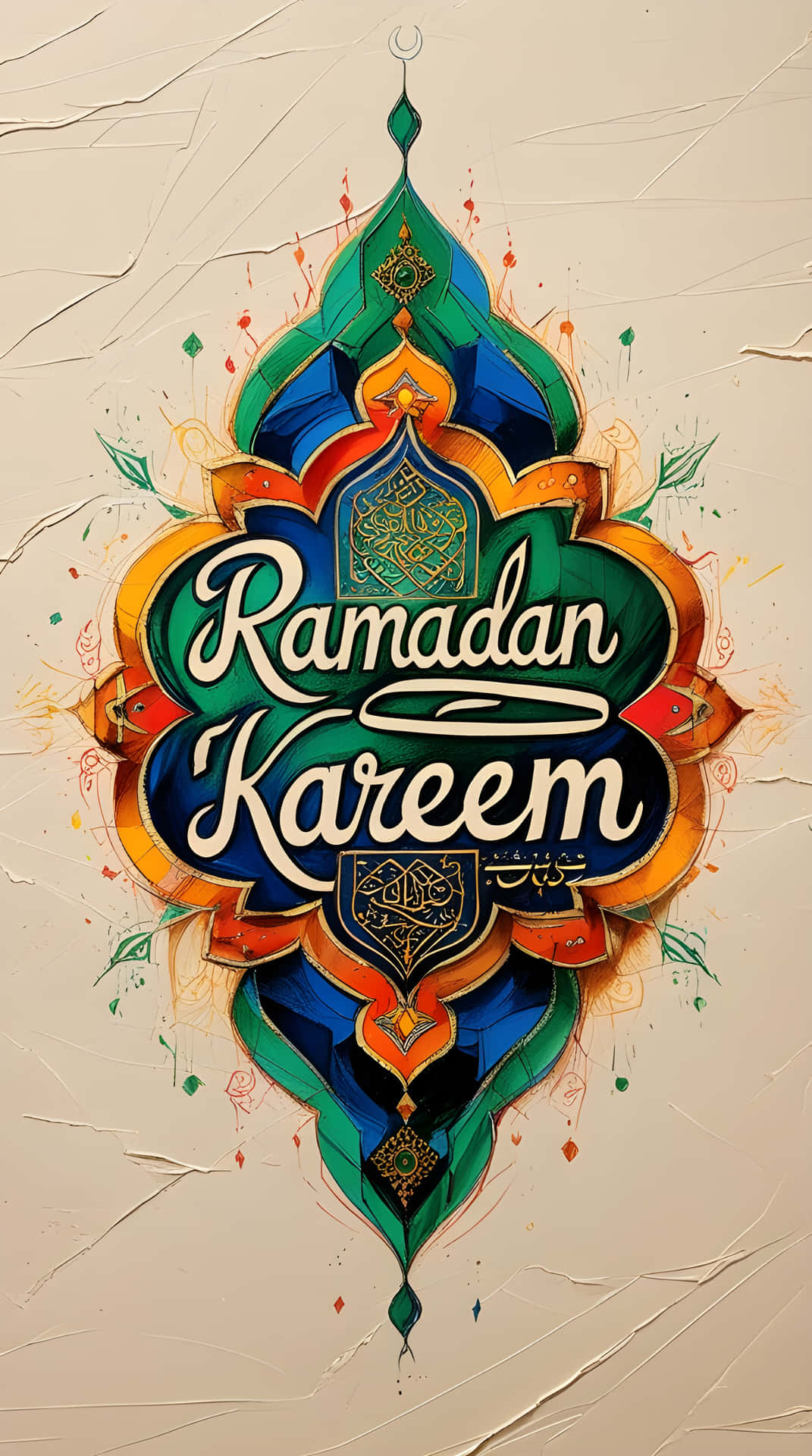 Ramadan kareem wallpaper 壁紙 — 充滿活力的伊斯蘭書法藝術在紋理米色背景上，於色彩繽紛的華麗幾何框架內拼寫出 Ramadan Kareem。