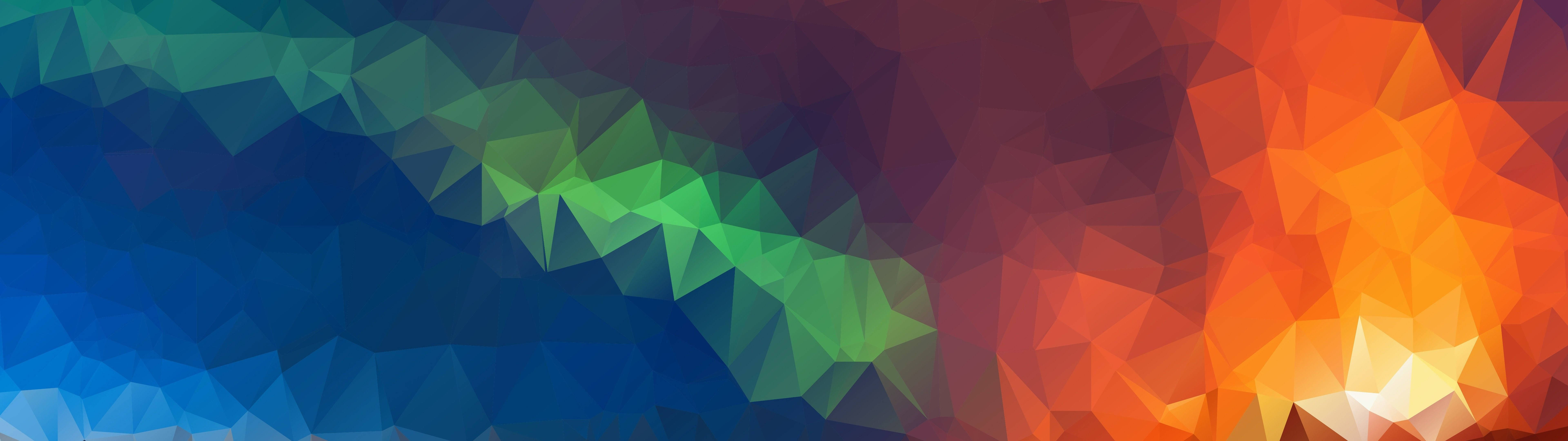 抽象 桌布 壁紙 — 充滿活力的低多邊形抽象漸層從冷藍色流到火橙色，帶有銳利的幾何面。