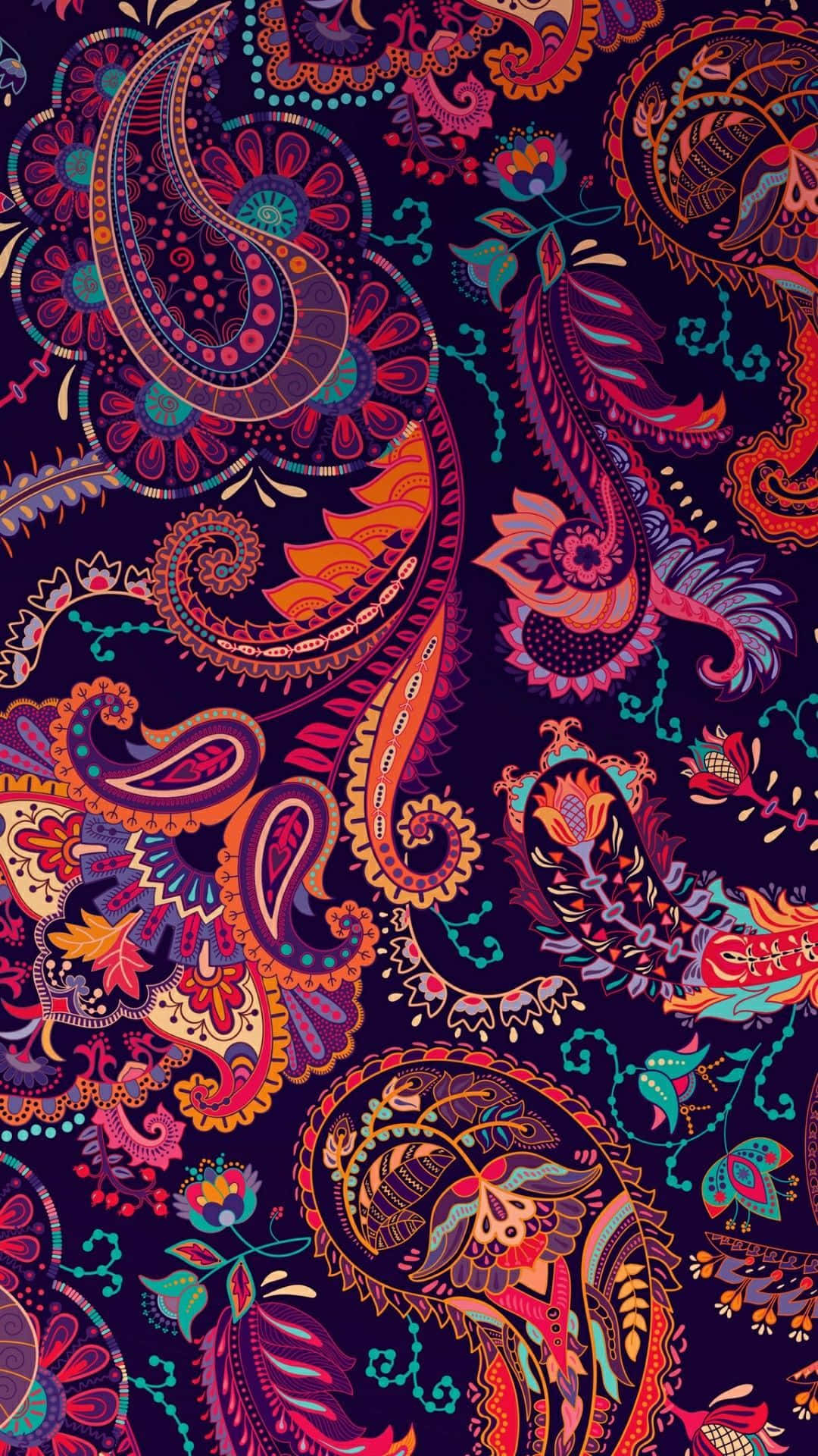 Paisley 桌布 壁紙 — 充滿活力的佩斯利圖案在深紫色背景上以火熱的橙色、粉紅色和藍綠色旋轉。