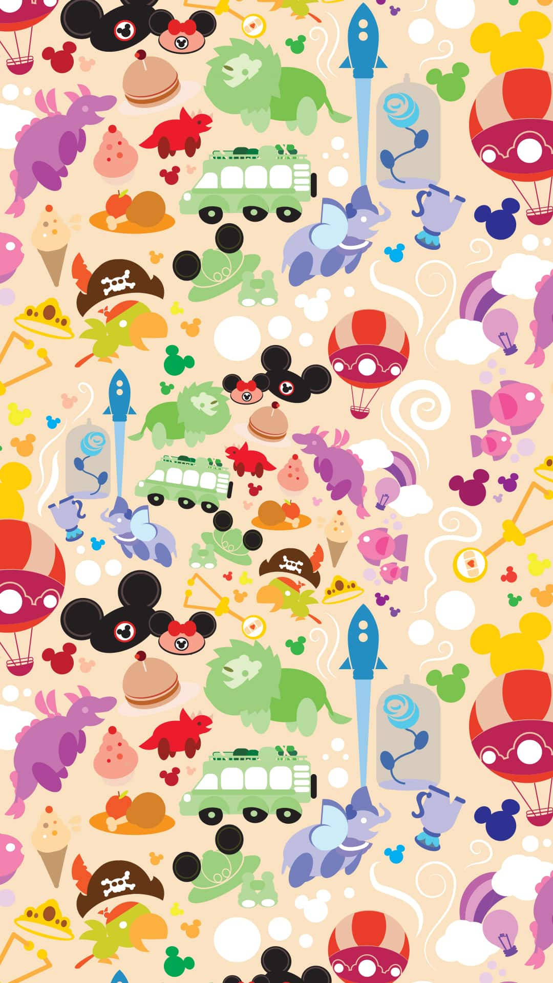 Cartoon Characters 桌布 壁紙 — 充滿活力的俏皮壁紙，上面有色彩繽紛的卡通人物、火箭和奇特的物體，漂浮在柔軟的米色背景上。