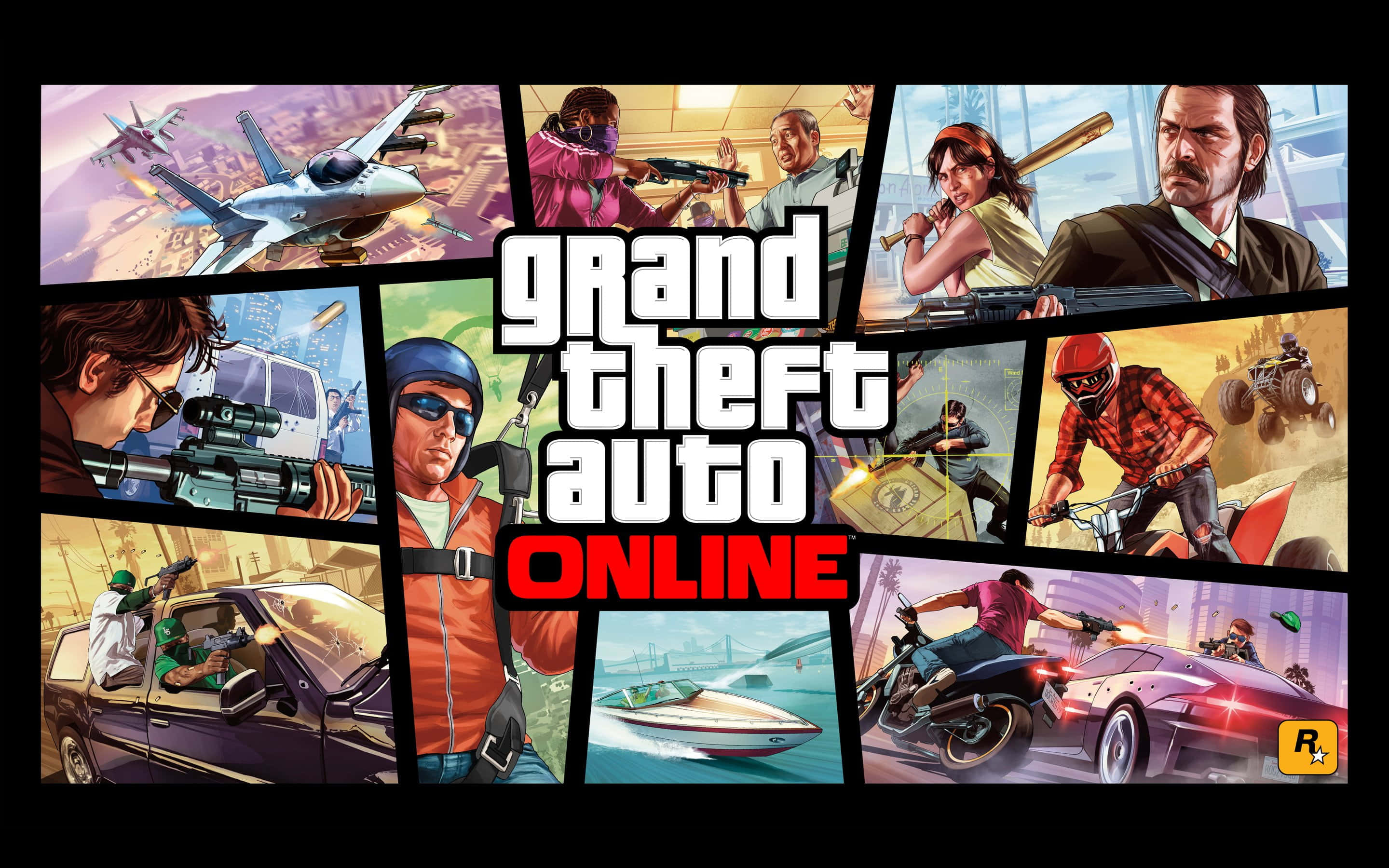 Online Games 桌布 壁紙 — 充滿活力的俠盜獵車手Online角色拼貼畫，呈現載具和武器的動作場景。