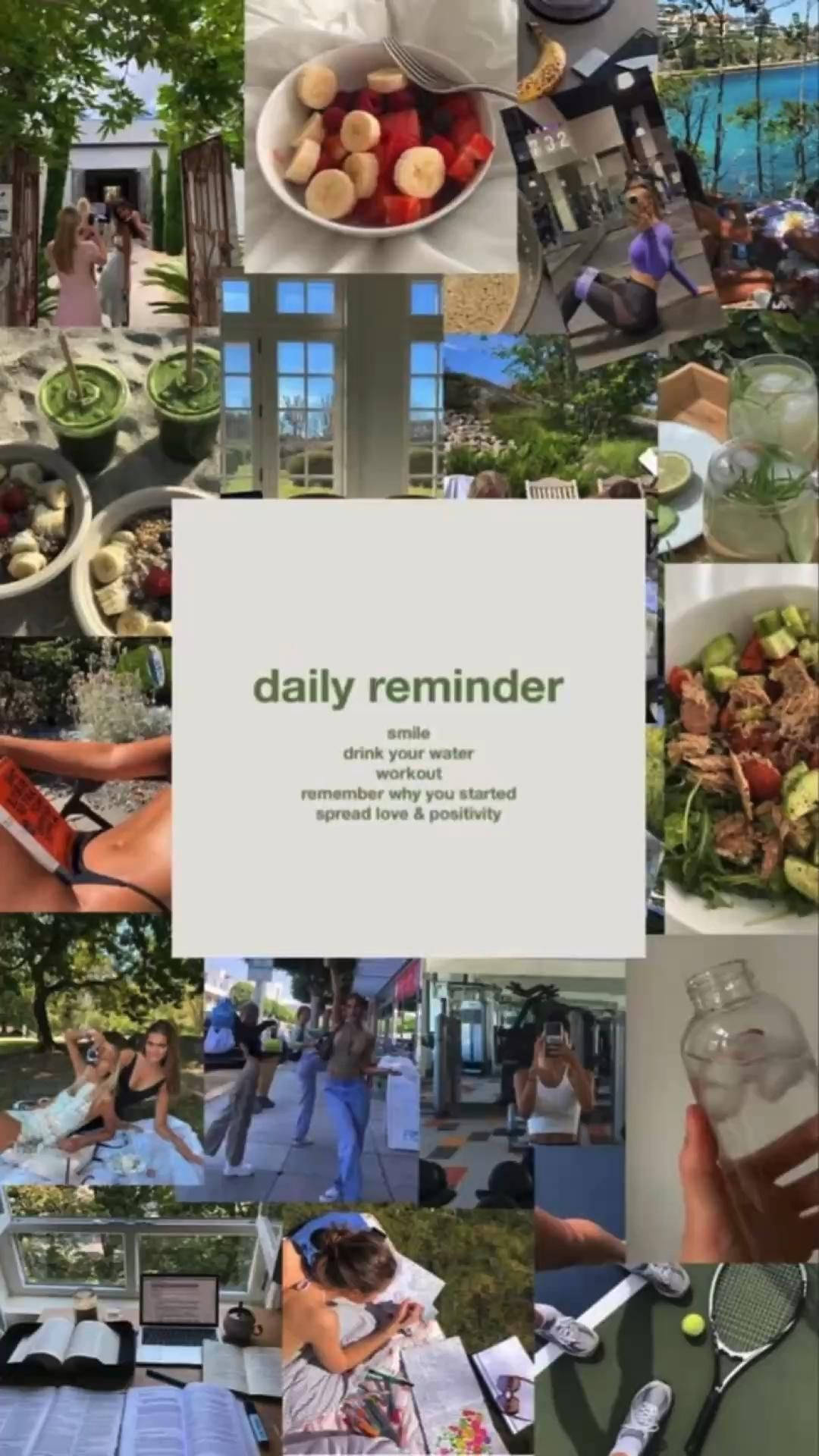 Healthy Food 桌布 壁紙 — 充滿活力的健康生活方式時刻拼貼畫，包括冰沙、沙拉、鍛煉和陽光明媚的戶外場景。