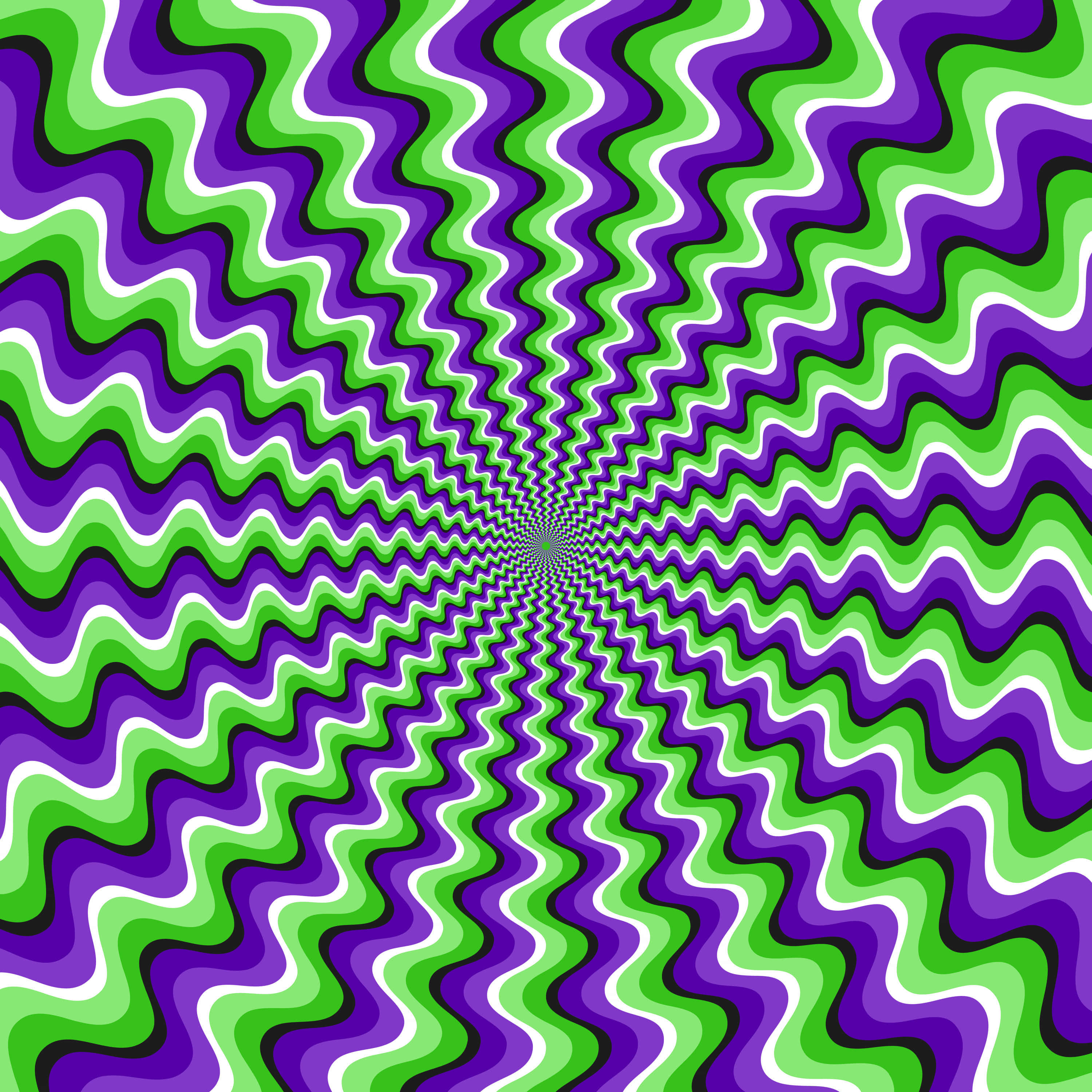 Illusion 桌布 壁紙 — 充滿活力的催眠螺旋，由綠色、紫色和白色的波浪條紋向中心點匯聚而成。