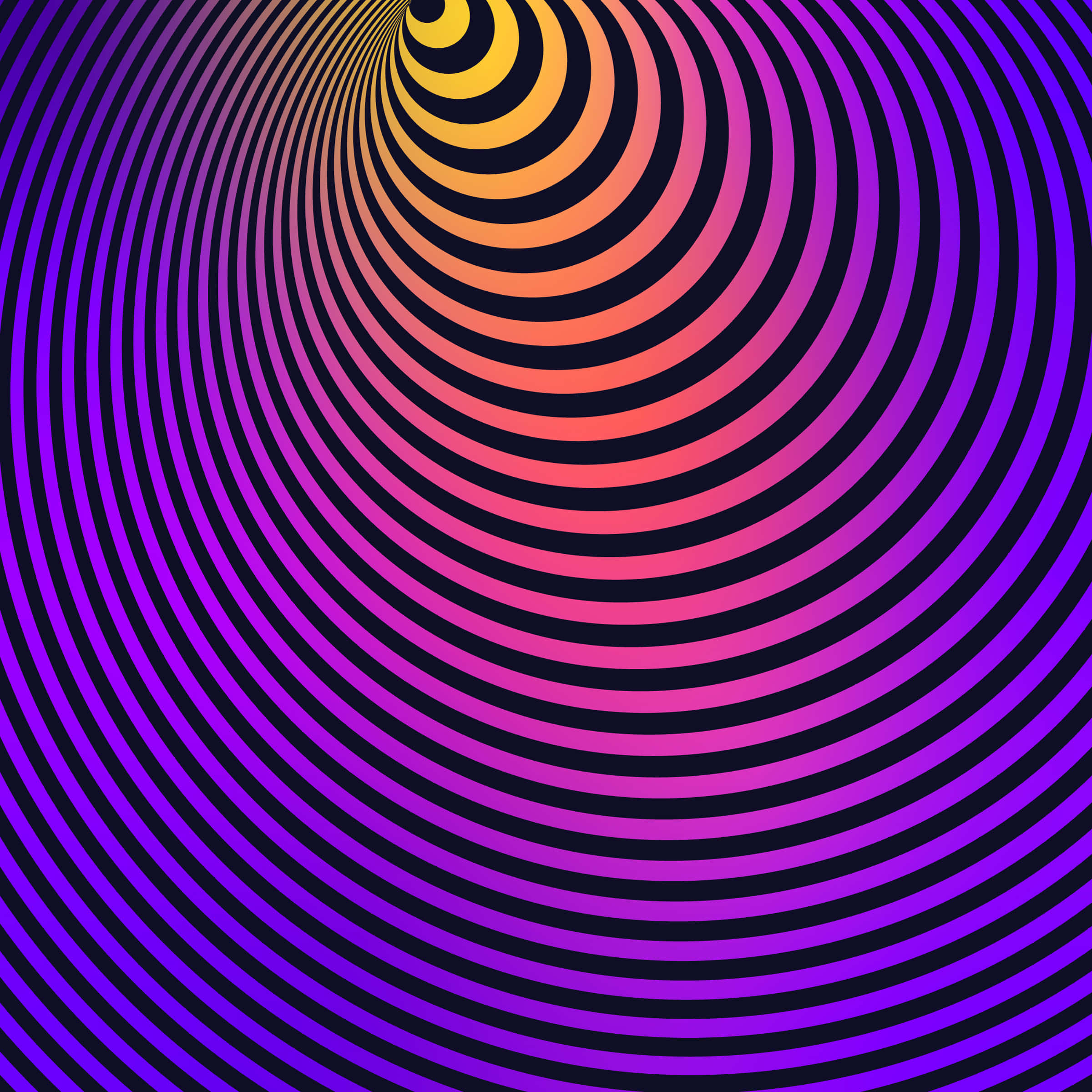 Illusion 桌布 壁紙 — 充滿活力的催眠螺旋，由黃色漸變到紫色的同心條紋，創造出迷人的視覺錯覺。