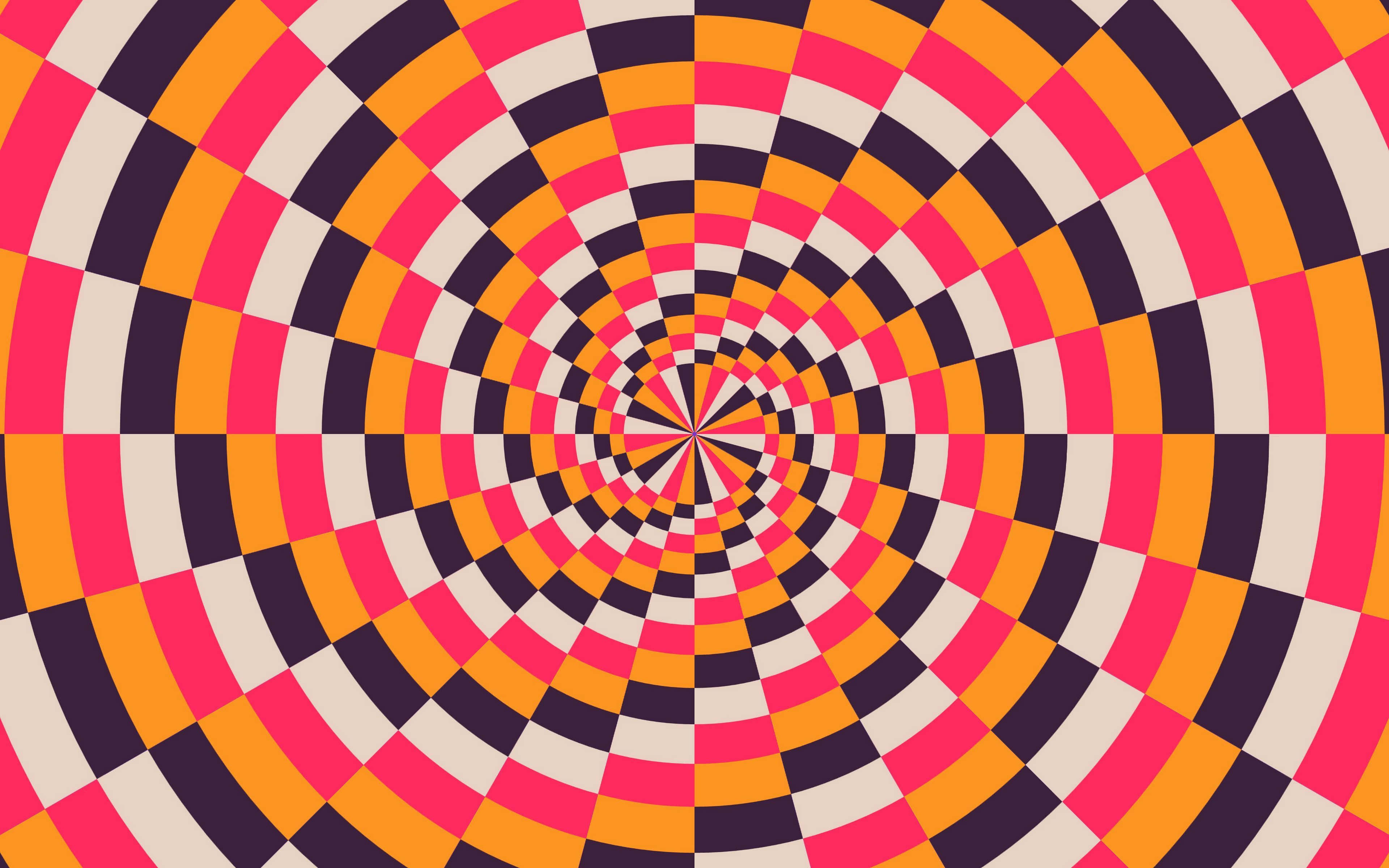 Illusion 桌布 壁紙 — 充滿活力的催眠螺旋圖案向外輻射，採用大膽的粉紅色、橙色和深紫色幾何瓷磚，營造出迷人的視錯覺。