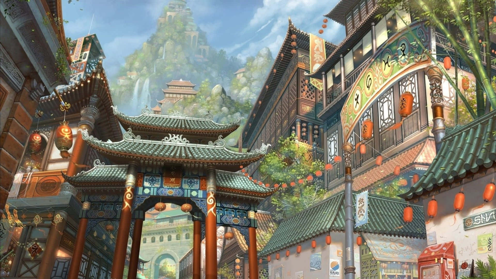 Painting 桌布 壁紙 — 充滿活力的傳統中國街道，裝飾華麗的寶塔門燈籠，霧氣繚繞的山景背景，天空明亮。