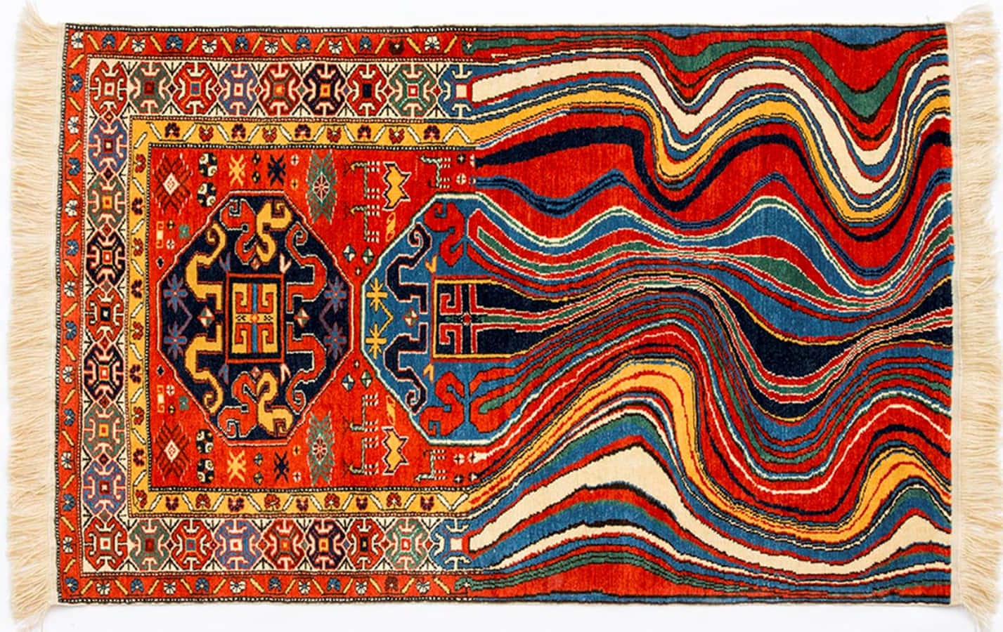 Textile Art 桌布 壁紙 — 充滿活力的傳統地毯，帶有鮮明的紅色波浪和幾何圖案，鑲嵌著精緻的邊框和奶油色流蘇。