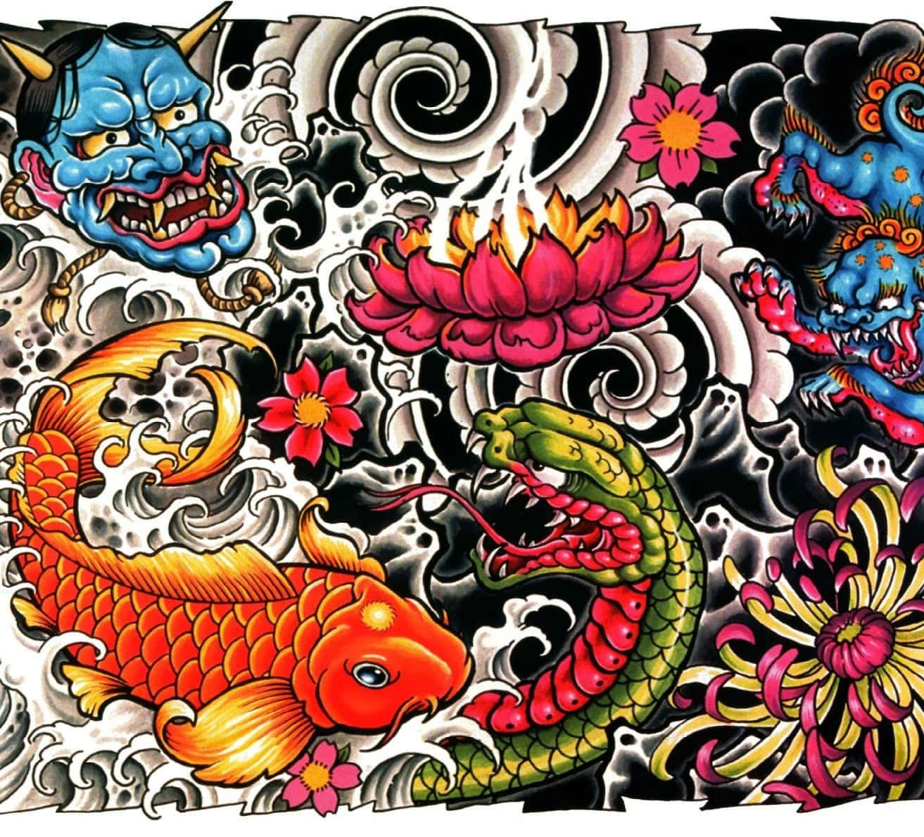 Japanese Tattoo 桌布 壁紙 — 充滿活力的傳統日本刺青藝術，以火熱的錦鯉、綠蛇、藍鬼和盛開的花朵為特色，背景是旋轉的黑白波浪。