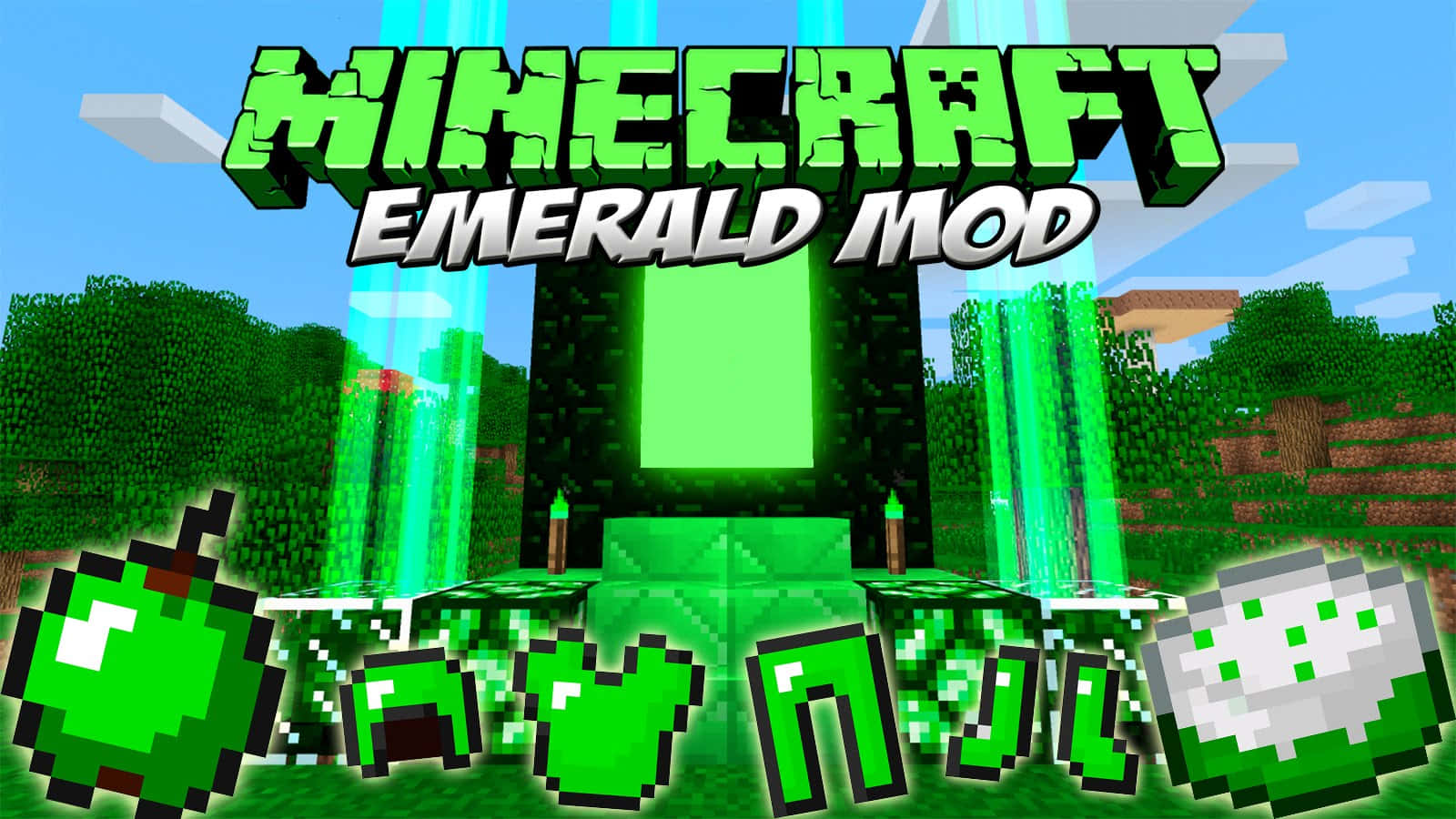 Minecraft Emeralds 桌布 壁紙 — 充滿活力的像素化Minecraft場景，在晴朗的藍天下展示發光的綠寶石方塊和綠寶石主題物品。