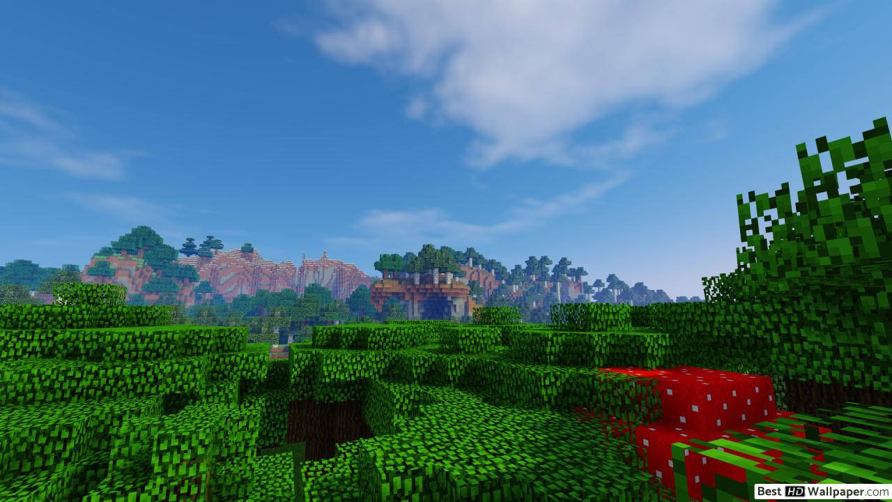 Minecraft景觀，有綠色山丘、紅色蘑菇和遠處的山脈，在藍天下
