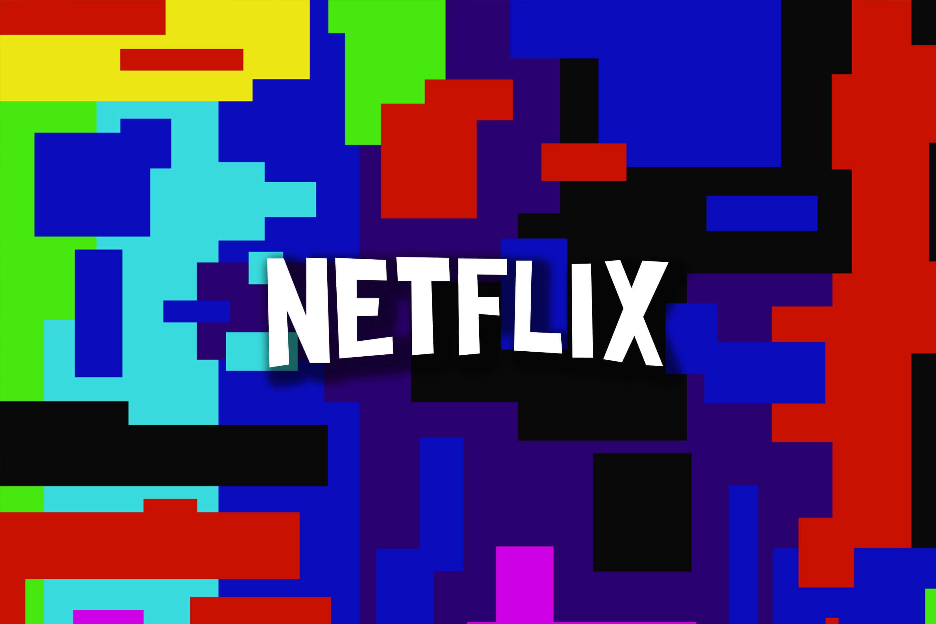 Netflix 桌布 壁紙 — 充滿活力的像素化區塊以鮮豔色彩形成動態背景，襯托白色Netflix標誌。