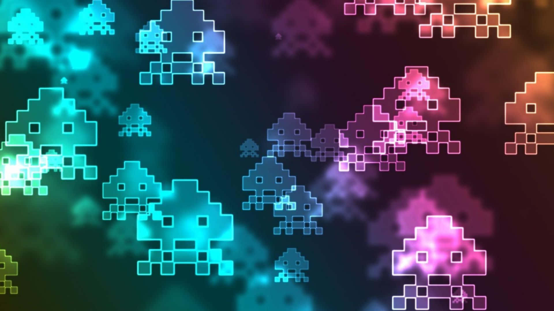 高畫質遊戲 桌布 壁紙 — 充滿活力的像素化外星入侵者在深色漸變背景上發出霓虹色調的光芒。
