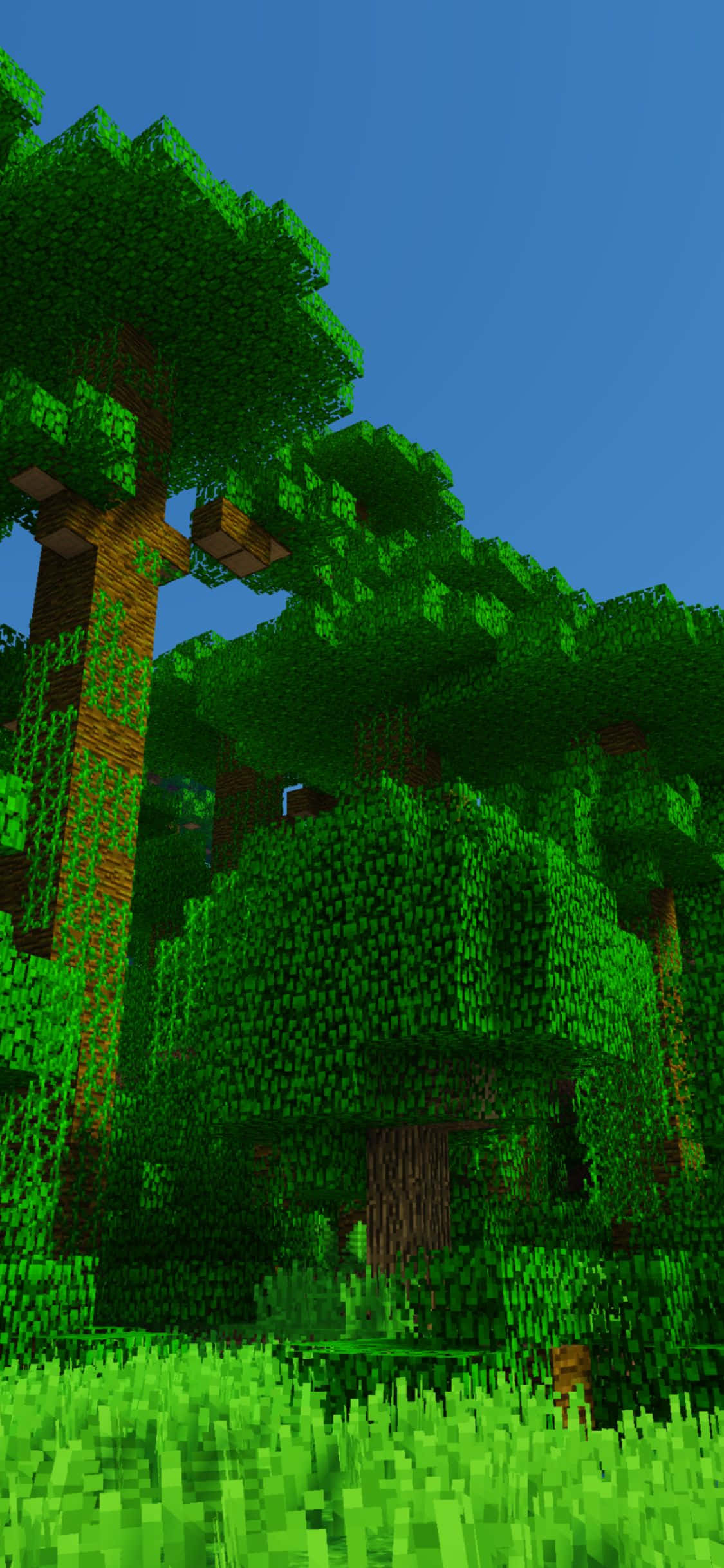 iPhone Xs Minecraft 桌布 壁紙 — 充滿活力的像素化森林，以Minecraft風格呈現，方塊狀的綠色樹木和草地，在清澈的藍天下。
