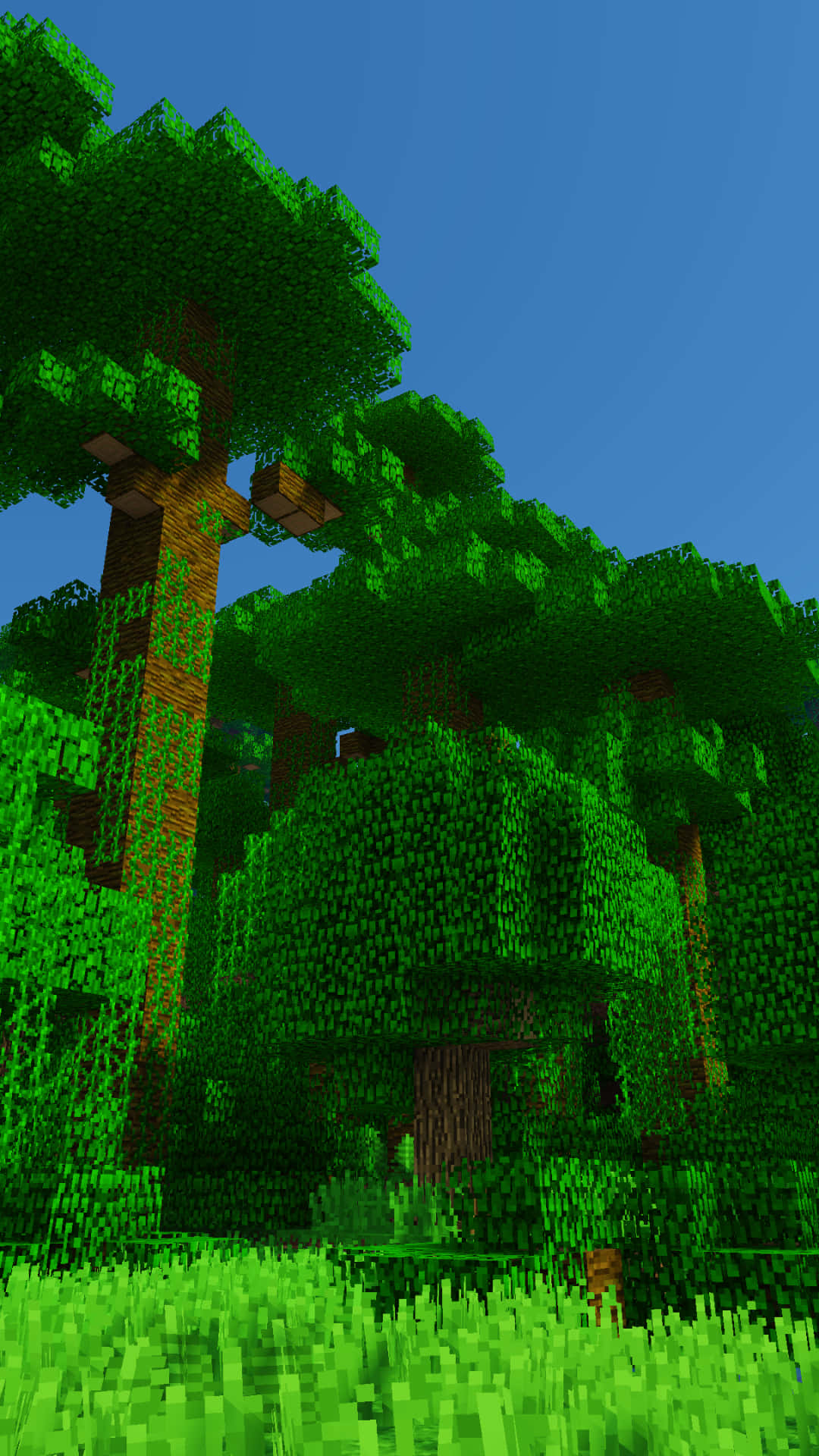 電玩遊戲 桌布 壁紙 — 充滿活力的像素化森林，在Minecraft風格下，高聳的綠色樹木映襯著清澈的藍天。
