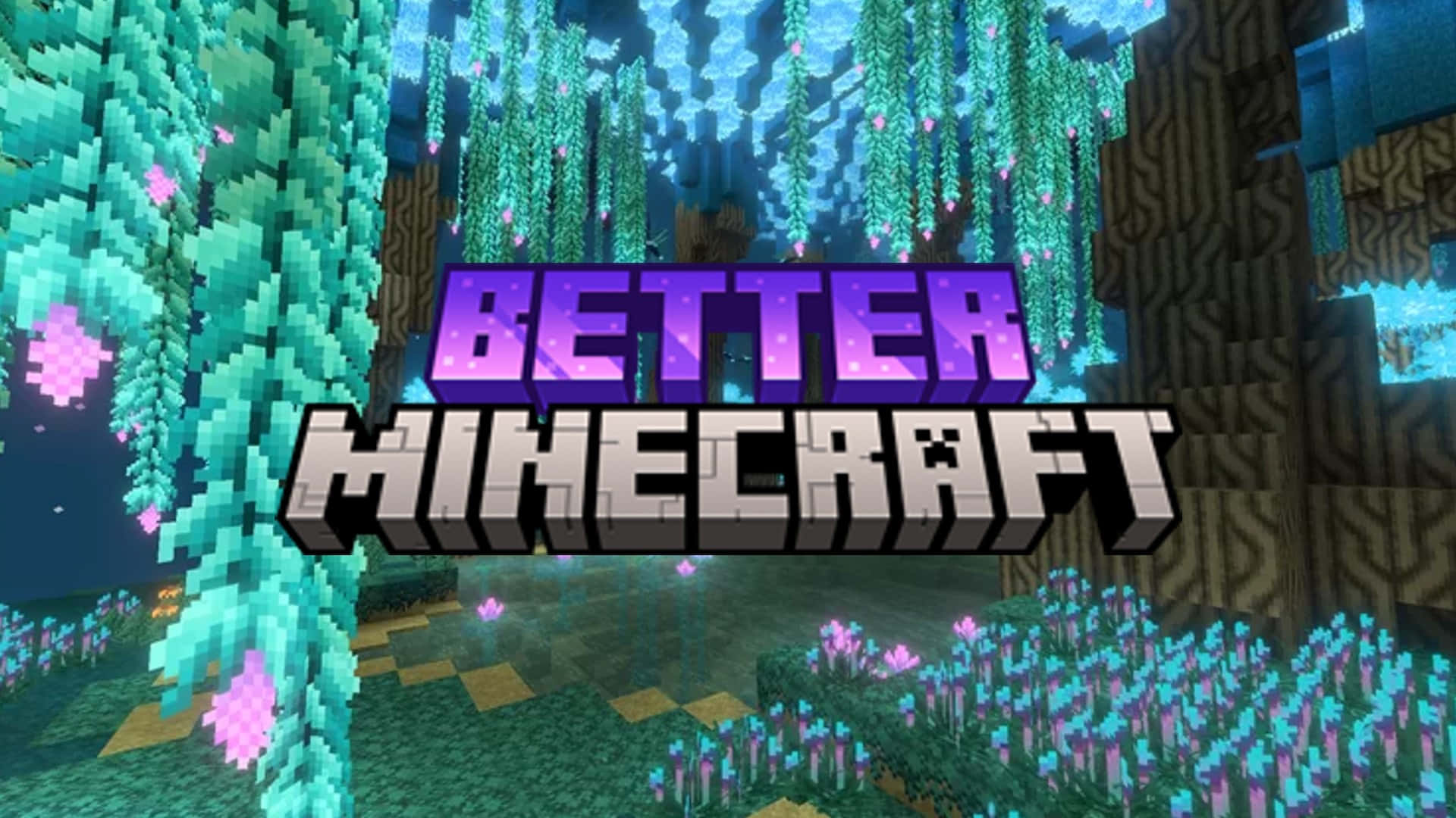 Minecraft Mods 桌布 壁紙 — 充滿活力的像素叢林，在星空下閃爍著粉紅色的花朵和懸掛的藤蔓，帶有「Better Minecraft」標誌。
