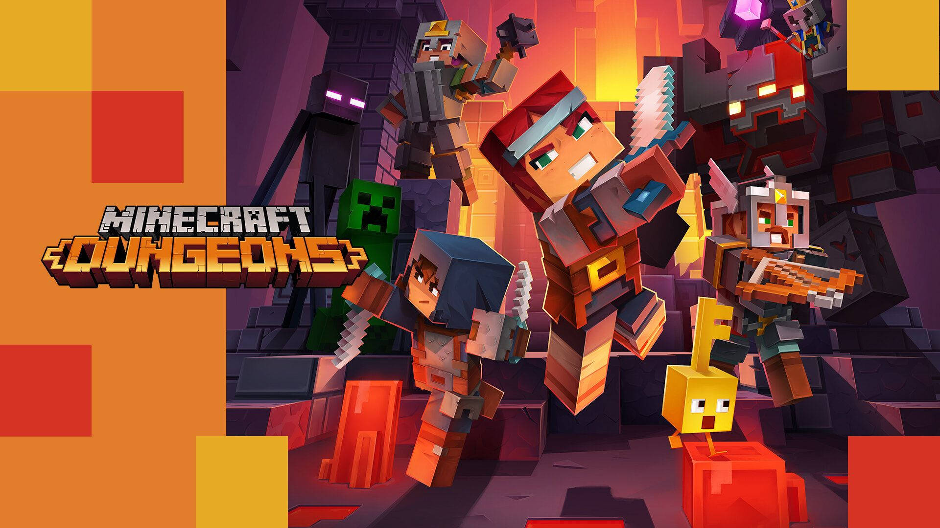 電玩遊戲 桌布 壁紙 — 充滿活力的像素藝術冒險者在熾熱的 Minecraft 地牢中與敵對生物戰鬥，場景中有發光的方塊和動態的動作。