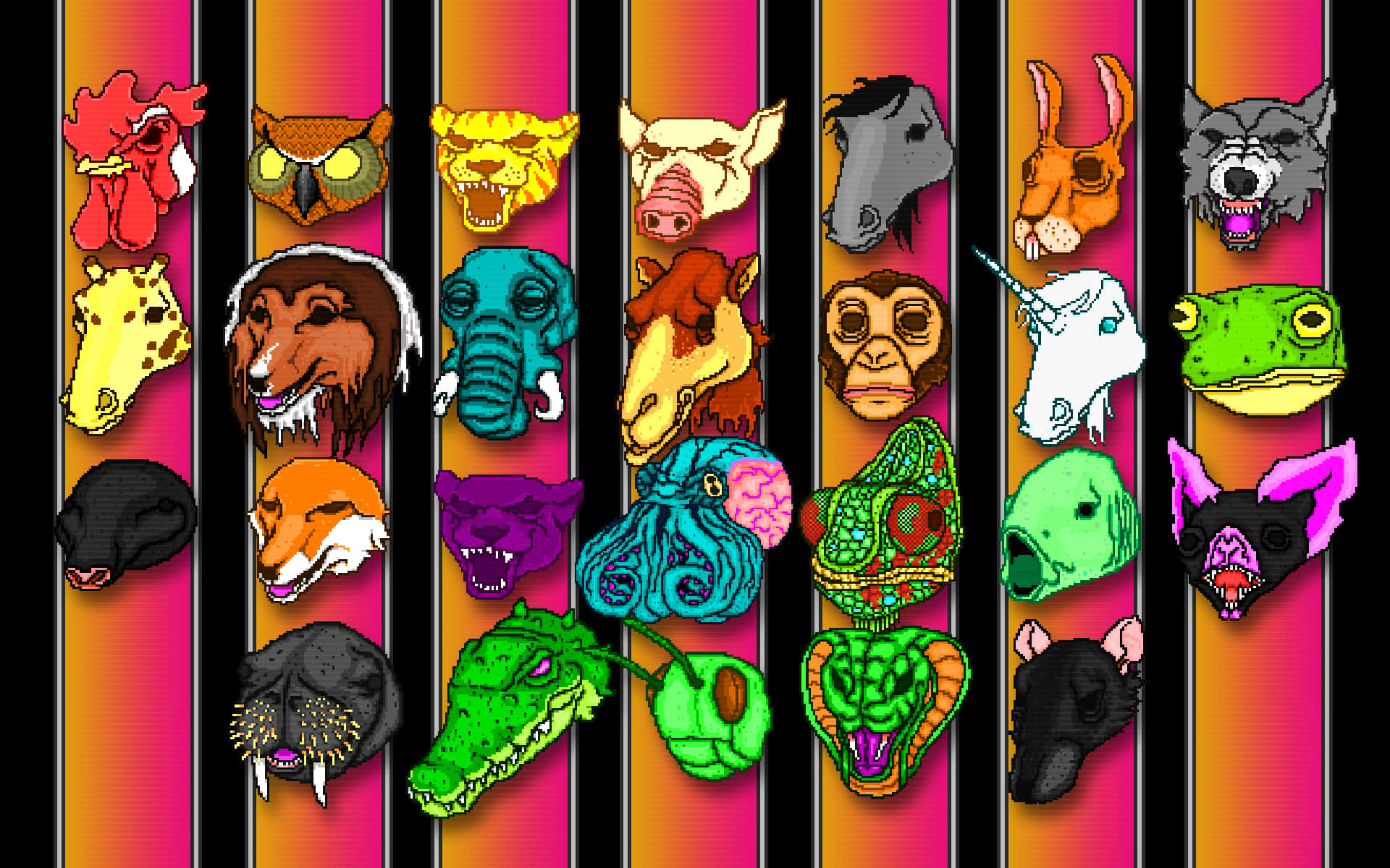 Hotline Miami 桌布 壁紙 — 充滿活力的像素藝術動物頭像以彩虹垂直條紋呈現，展示從公雞到蛇的繽紛動物園。