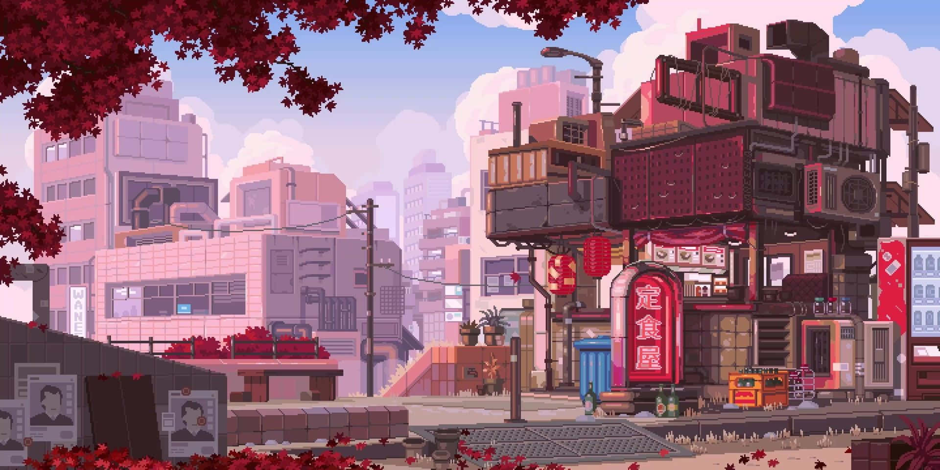 City Pixel Art 桌布 壁紙 — 充滿活力的像素藝術城市景觀，紅色櫻花框住密集、色彩繽紛的堆疊建築，背景是柔和的藍天。