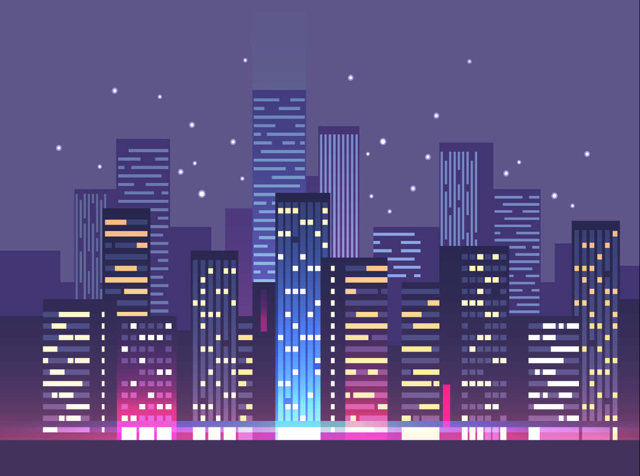 Interactive 桌布 壁紙 — 充滿活力的像素藝術夜景，在繁星點點的紫色天空下，閃爍的摩天大樓。