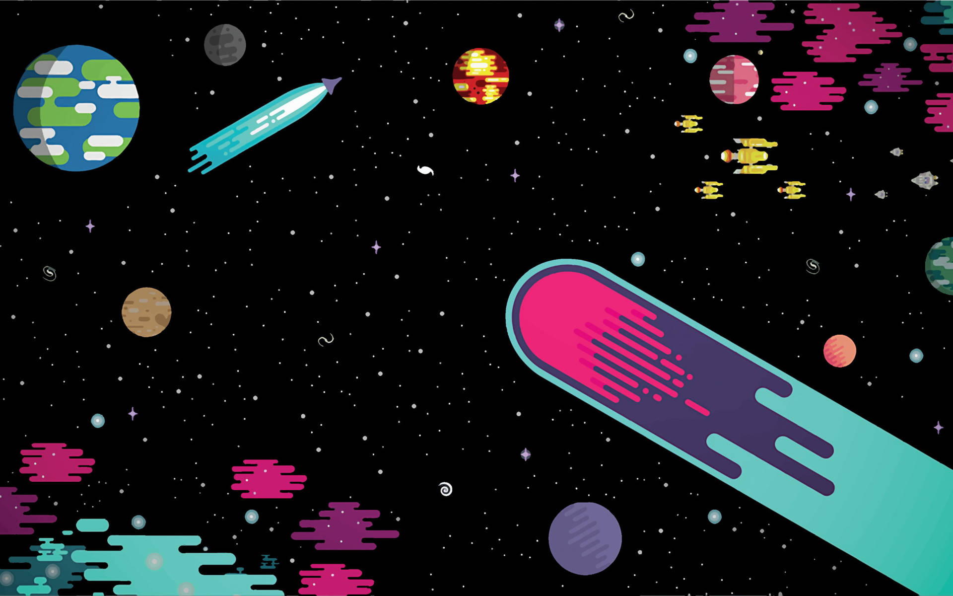 Animated Cartoon 桌布 壁紙 — 充滿活力的像素藝術太空船在復古未來主義的宇宙場景中飛過色彩繽紛的行星和恆星。