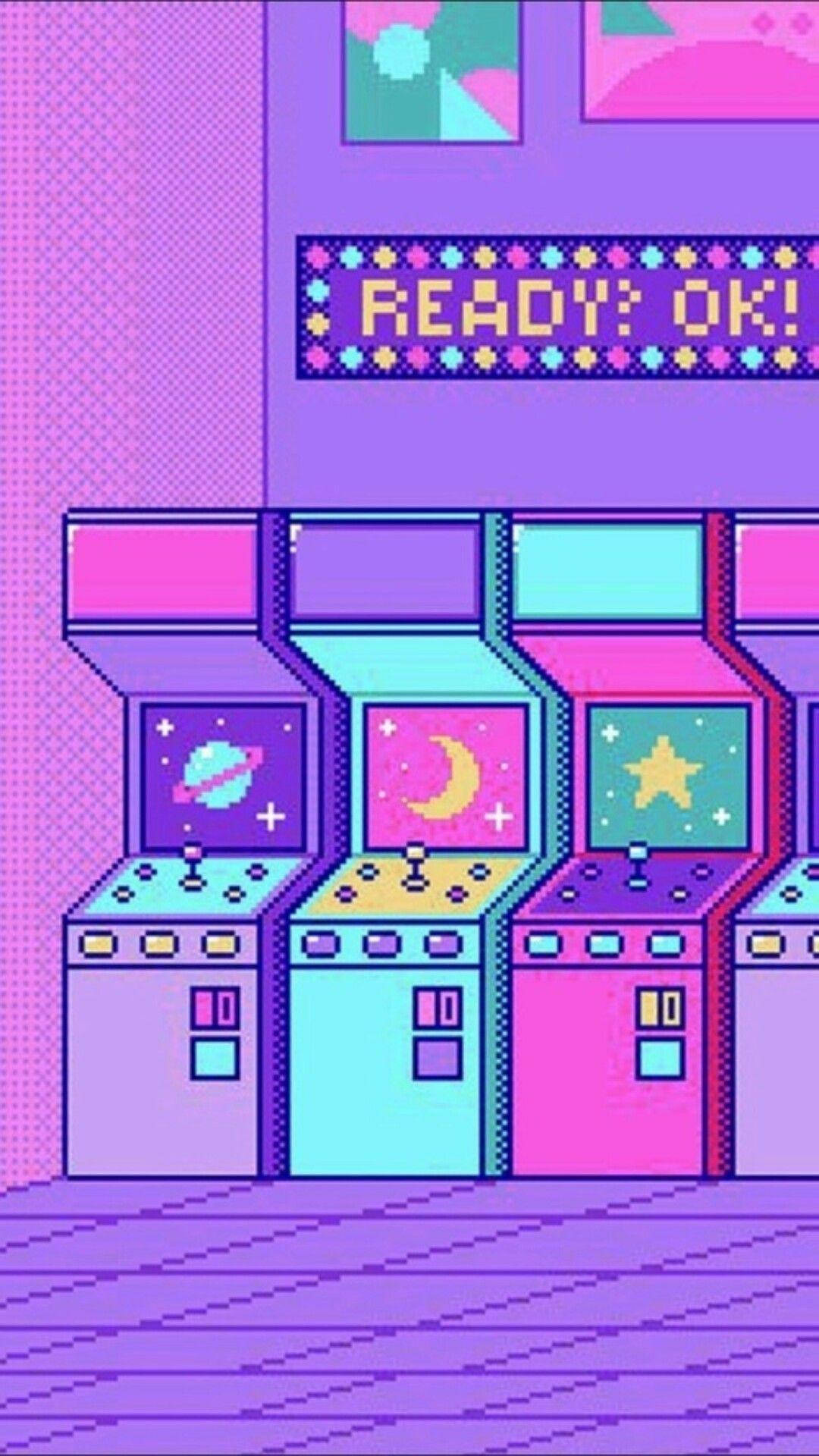 Aesthetic Pixel Art HD 桌布 壁紙 — 充滿活力的像素藝術街機，以粉彩粉紅、青綠和紫色發光，下方有「READY? OK!」標誌。