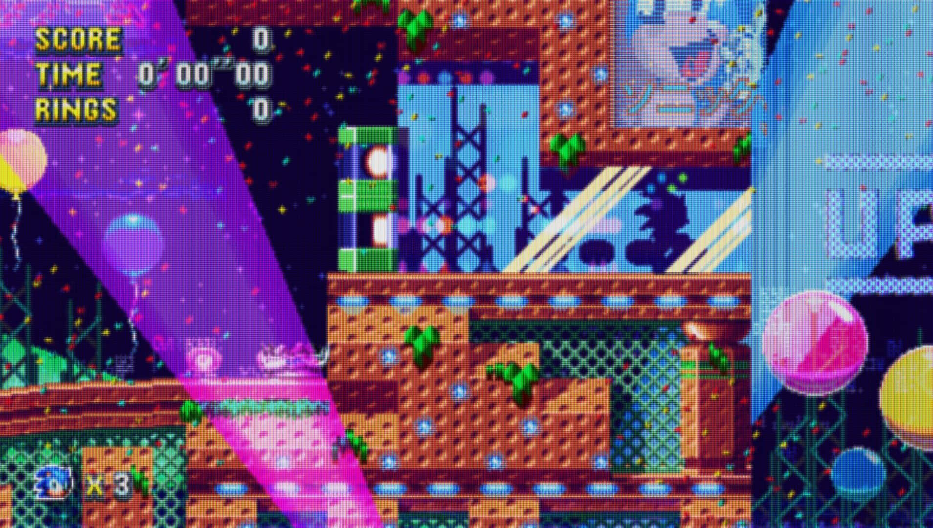 Sonic Spring Yard Zone 桌布 壁紙 — 充滿活力的像素藝術遊戲場景，色彩繽紛的平台、氣球和分數顯示，採用復古16位風格。