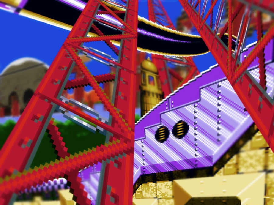 Sonic Launch Base Zone 桌布 壁紙 — 充滿活力的像素藝術雲霄飛車，紅色軌道和紫色欄杆在晴朗的藍天下蜿蜒穿過色彩繽紛的遊戲世界。