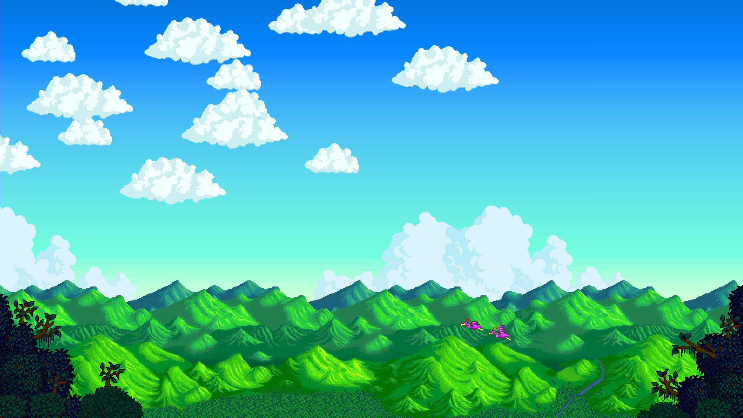 Valley 桌布 壁紙 — 充滿活力的像素藝術風景，起伏的綠色山丘在明亮的藍天下點綴著蓬鬆的白雲。