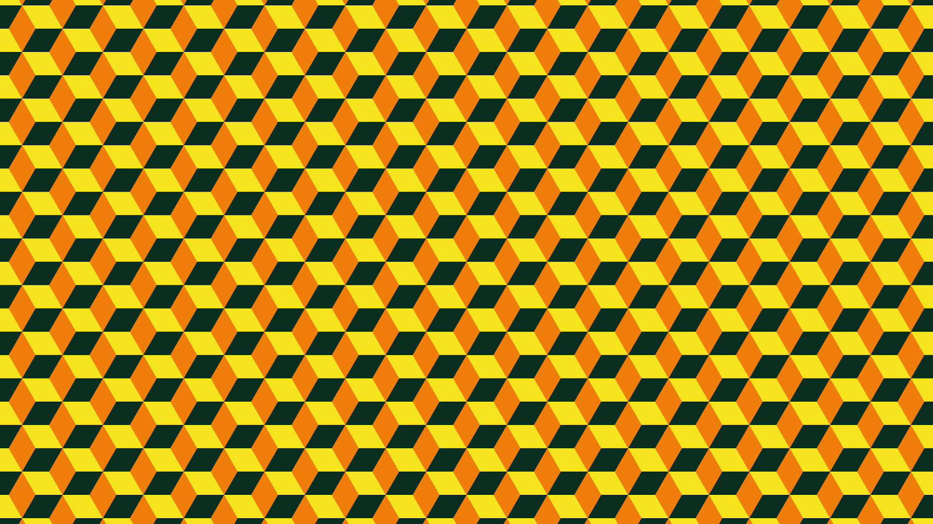 Orange And Yellow 桌布 壁紙 — 充滿活力的光學錯覺圖案，由重複的黃色、橙色和黑色3D立方體組成，營造出深度感。