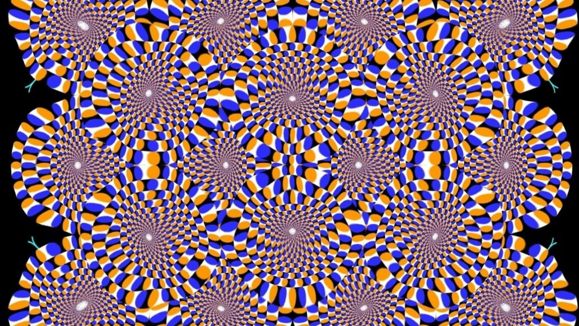 Optical Illusions 桌布 壁紙 — 充滿活力的光學錯覺圖案，重複的藍色橙色螺旋在黑色背景上創造出迷人的3D隧道效果。