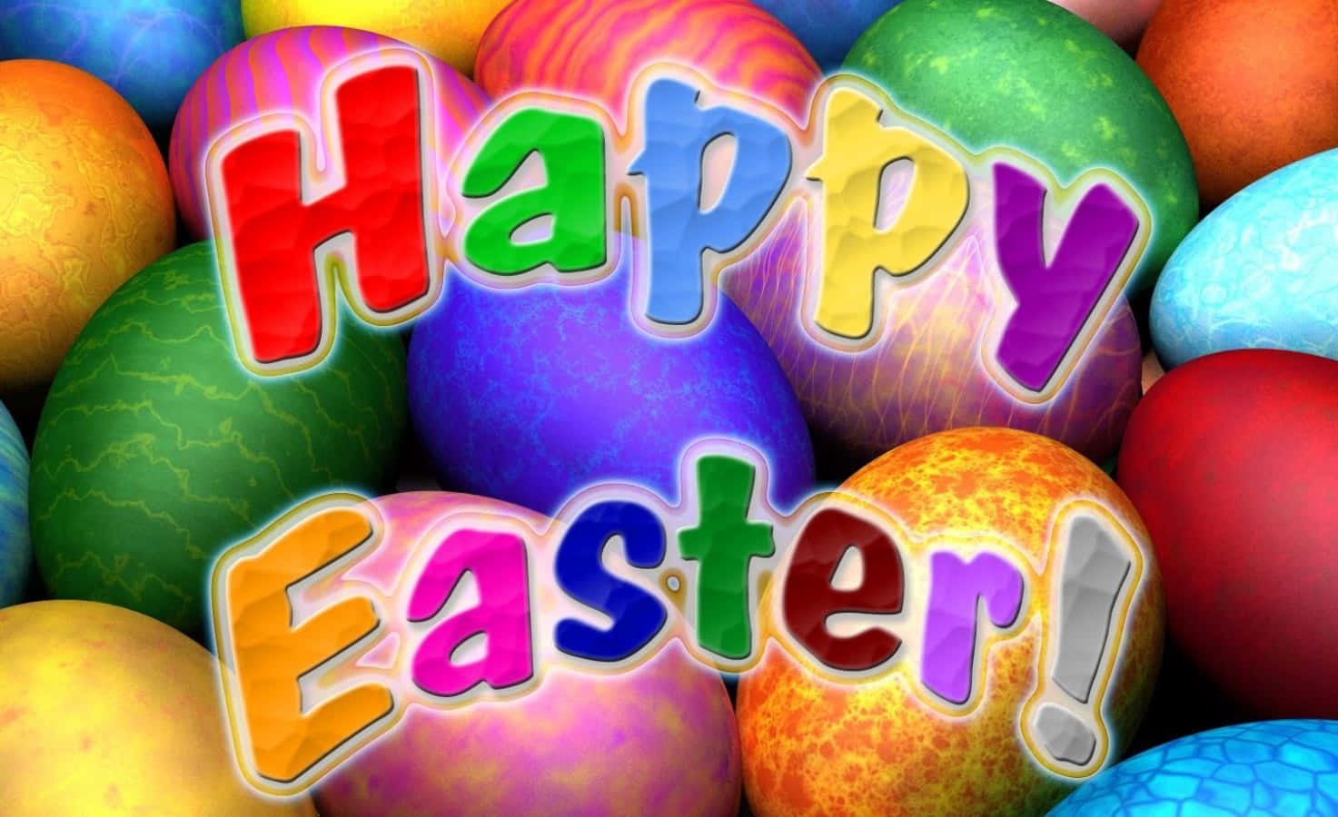 Happy Easter 桌布 壁紙 — 充滿活力的光澤復活蛋以彩虹色調圍繞著大膽多彩的「復活節快樂！」文字。