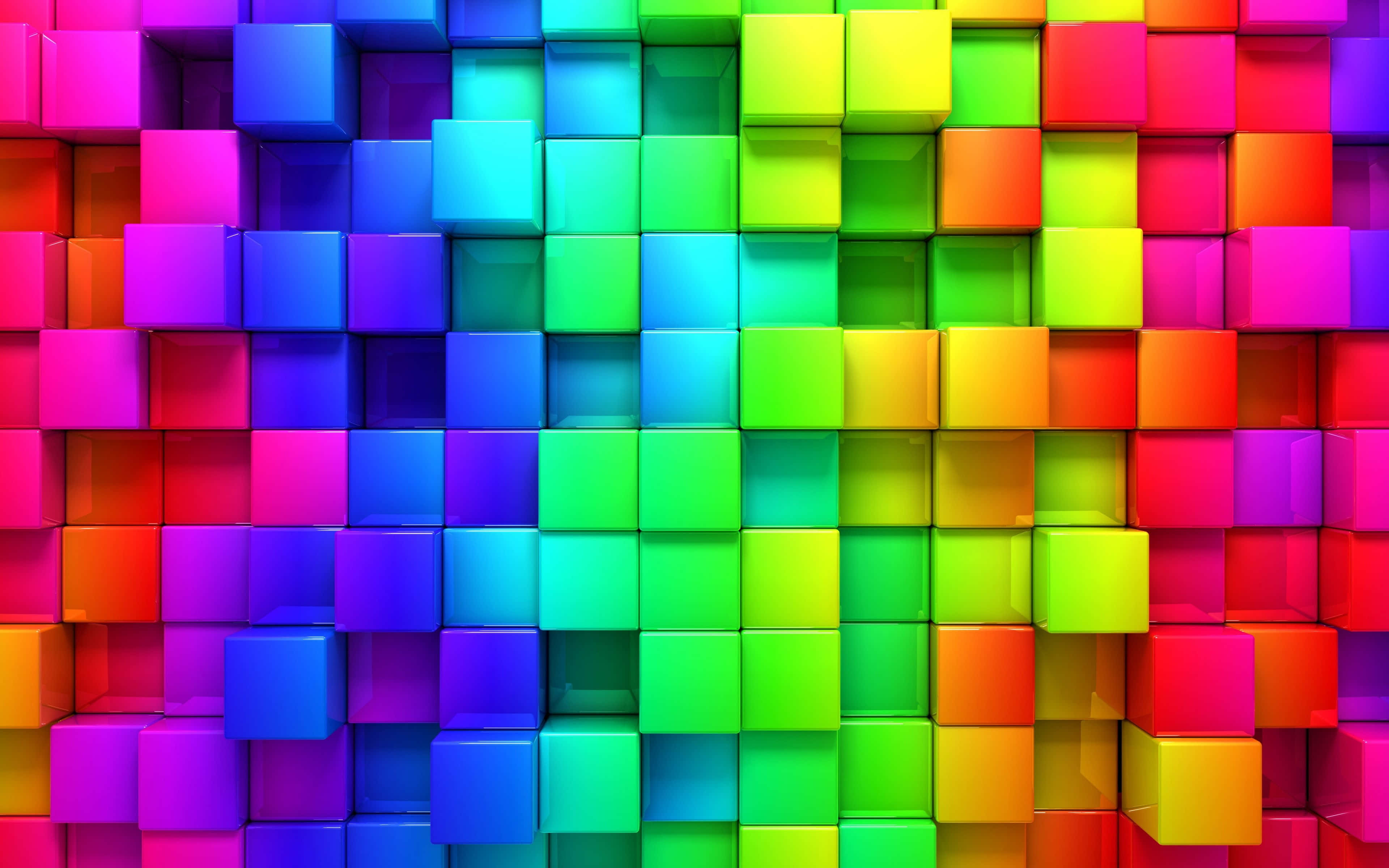3d Graphics 桌布 壁紙 — 充滿活力的光澤立方體以彩虹色調形成動態幾何牆，光影變幻。