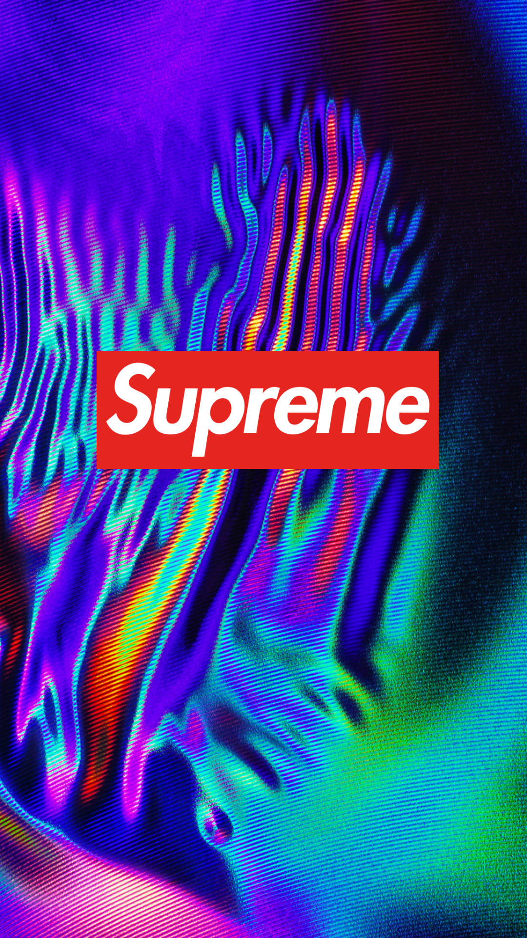 supreme aesthetic 桌布 壁紙 — 充滿活力的全息紋理，流動的霓虹色彩框住了標誌性的紅色Supreme標誌。