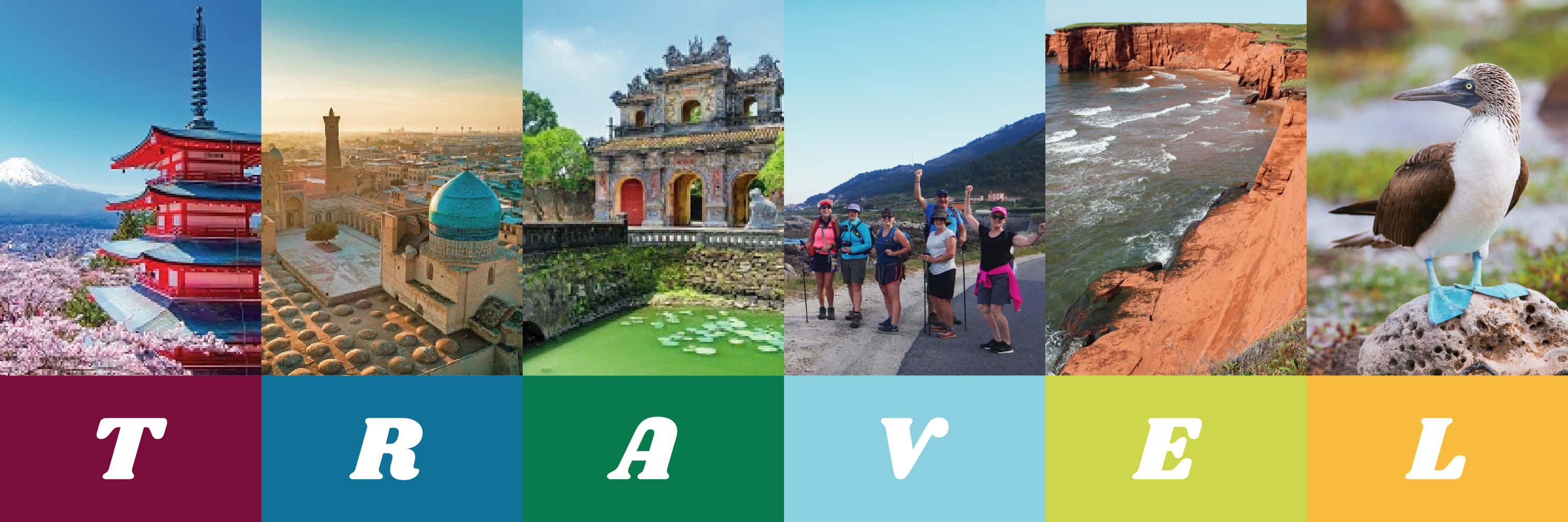 Travel Desktop 桌布 壁紙 — 充滿活力的全球旅行圖標拼貼，包括櫻花、寶塔、清真寺、寺廟、遠足者、懸崖和藍腳鰹鳥。