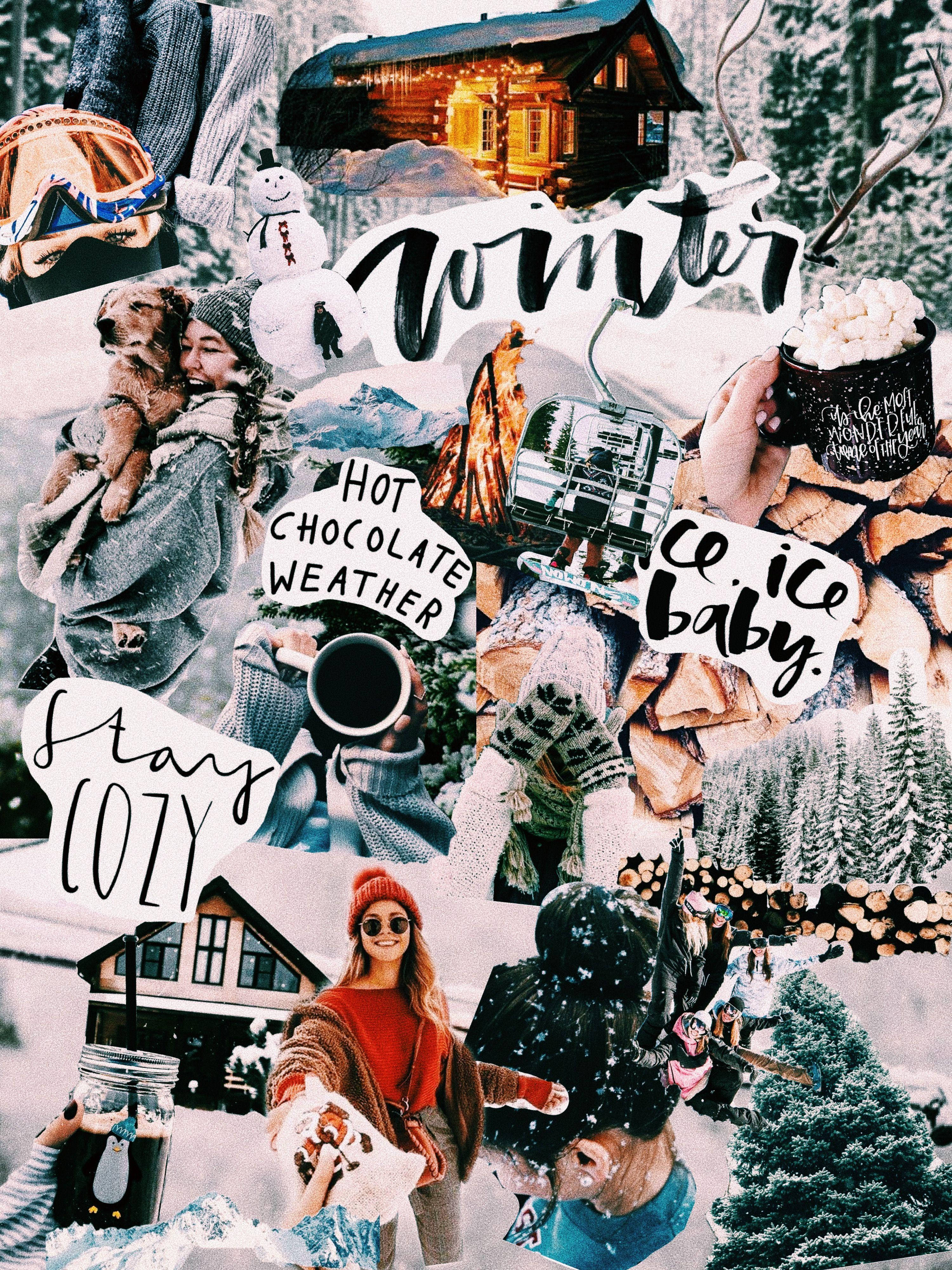Cute Collage 桌布 壁紙 — 充滿活力的冬季拼貼畫， featuring 雪地小屋、熱巧克力、舒適的人們和節日雪景。