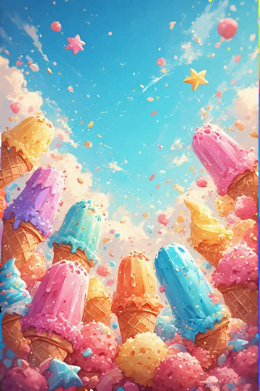 Colorful Ice Cream Delight Playful Summer 4K 壁紙 — 充滿活力的冰淇淋甜筒在明亮的藍天下向上爆炸，灑下粉紅色、黃色和藍色的星形糖粒。