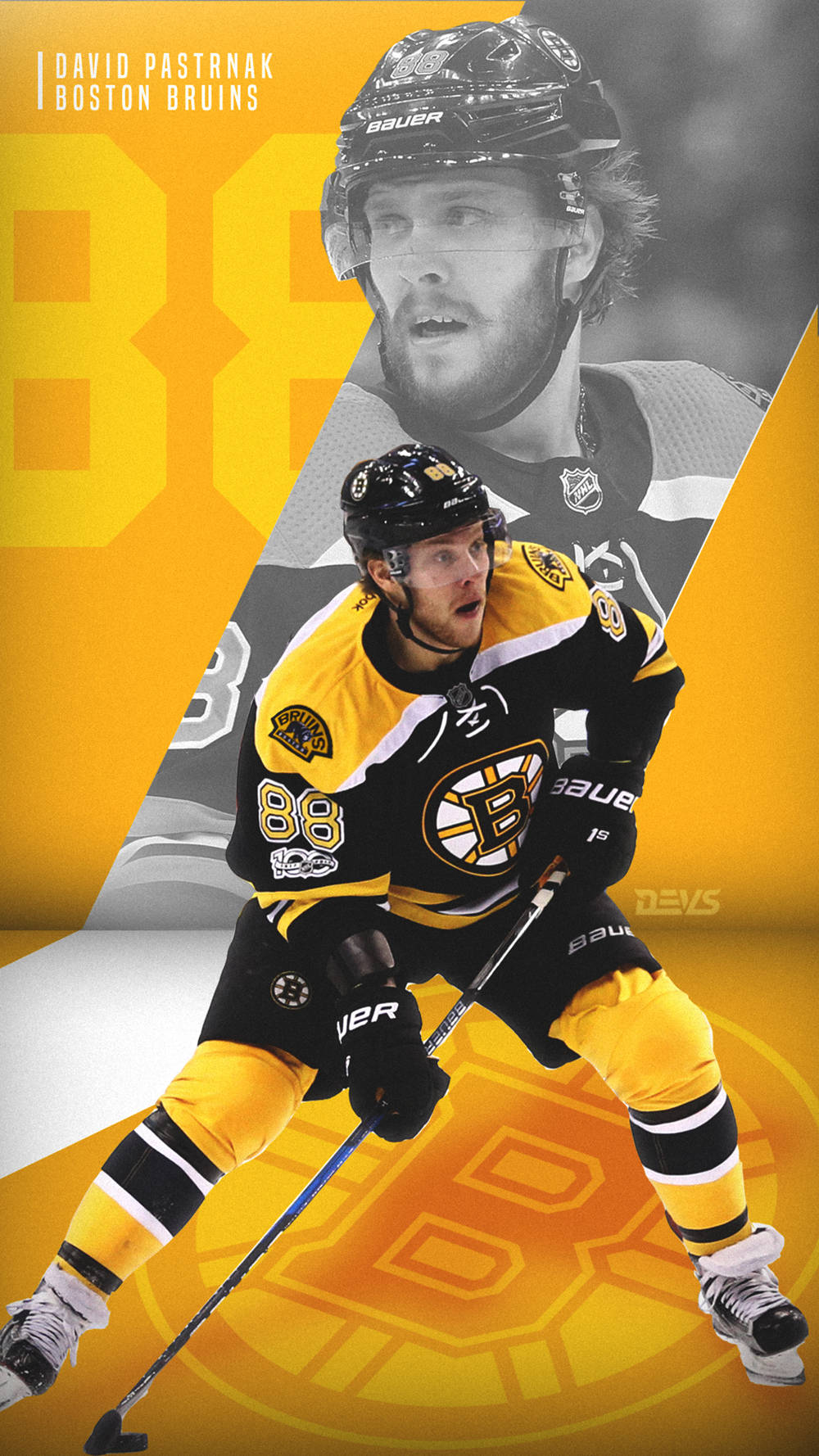 運動 桌布 壁紙 — 充滿活力的冰球運動員 David Pastrnak 身穿波士頓棕熊隊裝備，在醒目的黃黑圖形背景前蓄勢待發。
