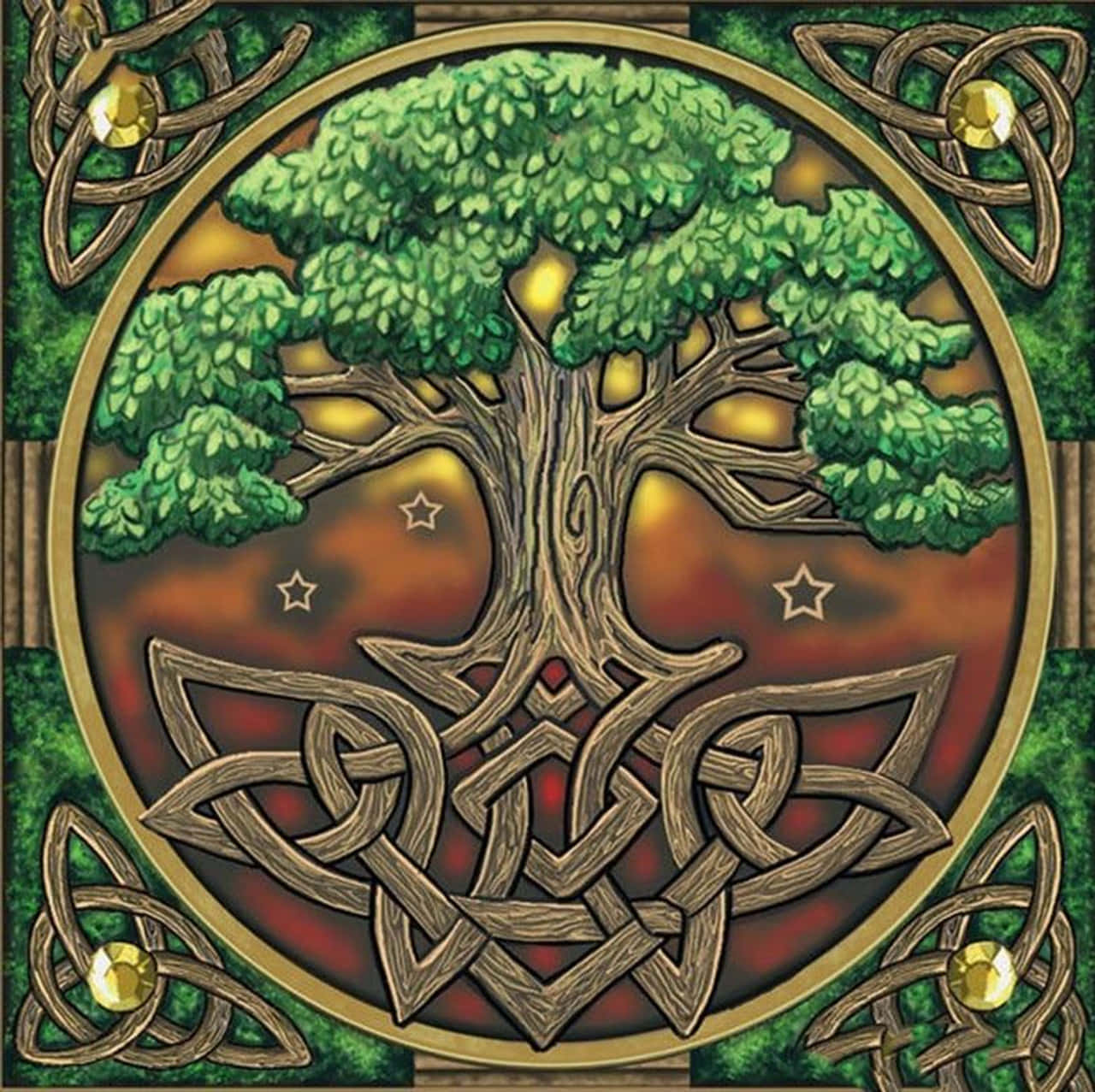 Tree Of Life 桌布 壁紙 — 充滿活力的凱爾特生命之樹，帶有複雜的結飾根和枝條，置於金色圓形框架內，背景為溫暖的漸變色。