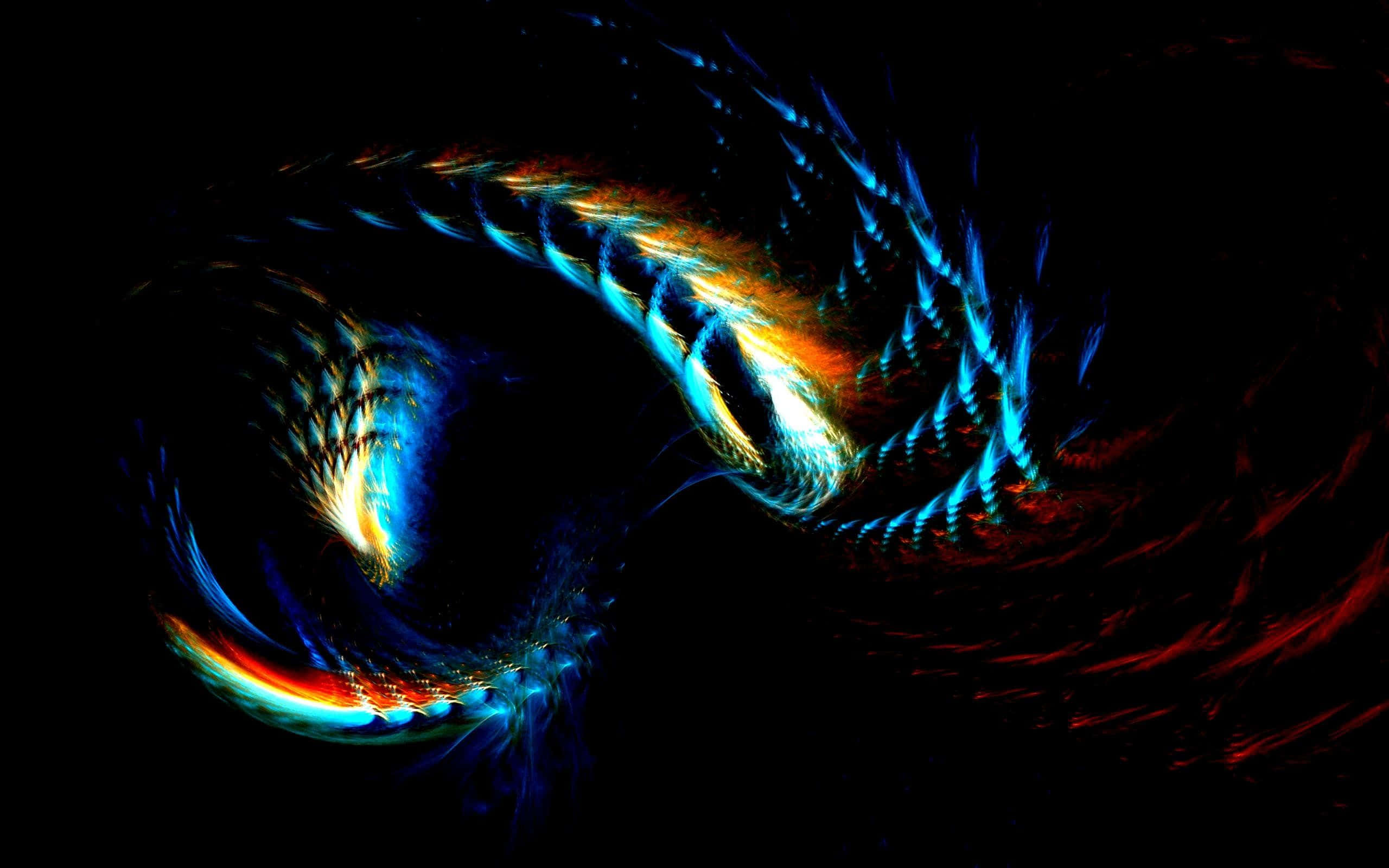 Best Amoled 桌布 壁紙 — 充滿活力的分形卷鬚在熾熱的橙色和電光藍色中旋轉，背景是虛無的黑色。
