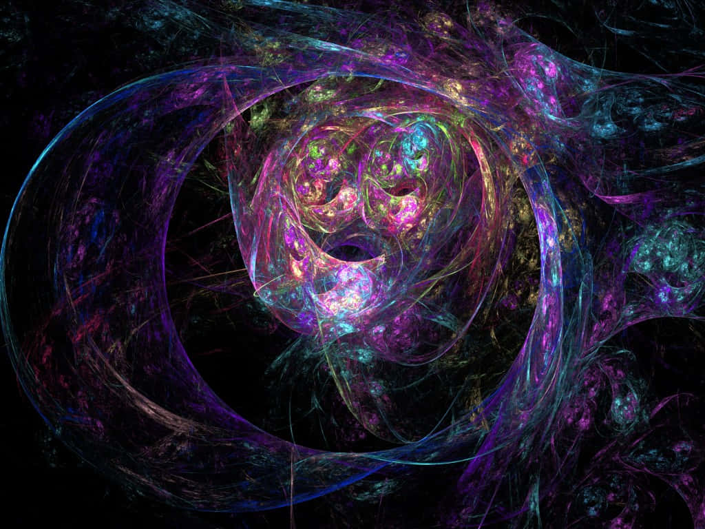 Chaotic 桌布 壁紙 — 充滿活力的分形卷鬚在紫色、粉紅色和藍綠色的宇宙色調中旋轉，背景是虛無的黑色。