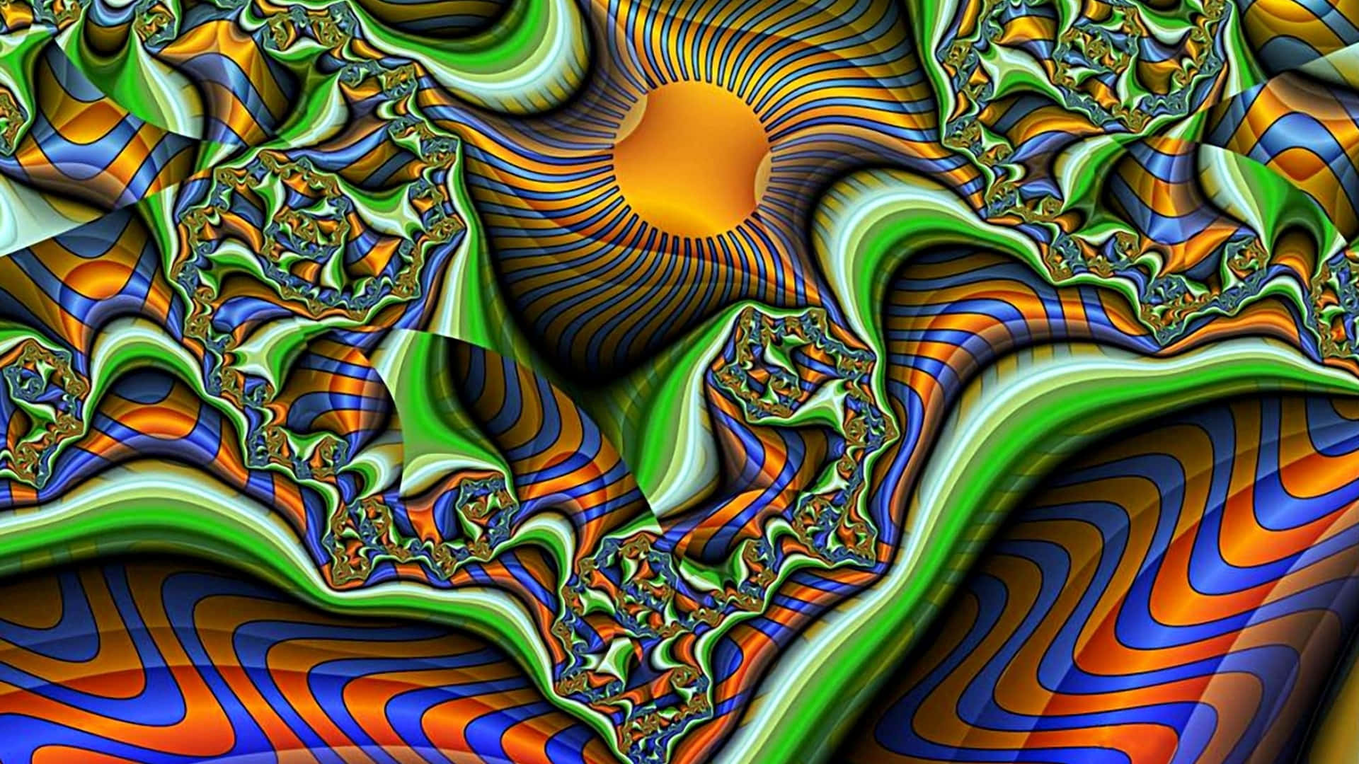 Trippy Fractals 桌布 壁紙 — 充滿活力的分形圖案以綠色、橙色和藍色的迷幻色調圍繞中央金色球體旋轉。