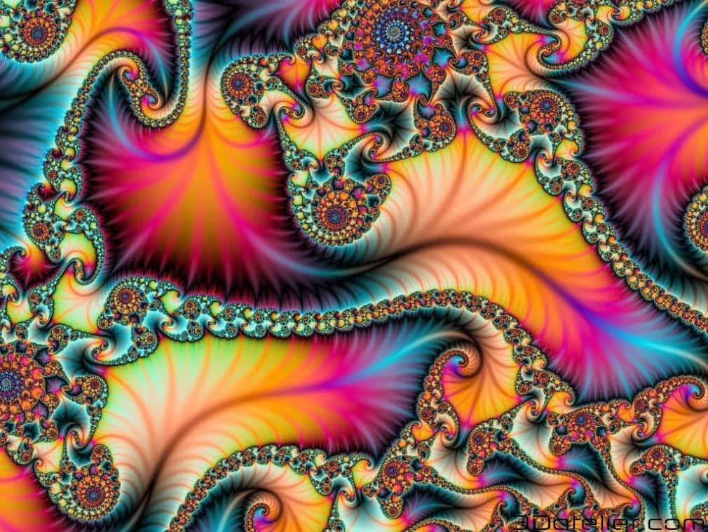 桌布 壁紙 — 充滿活力的分形圖案以迷幻的洋紅色、橙色和青色漩渦，創造出複雜而迷人的數位藝術品。