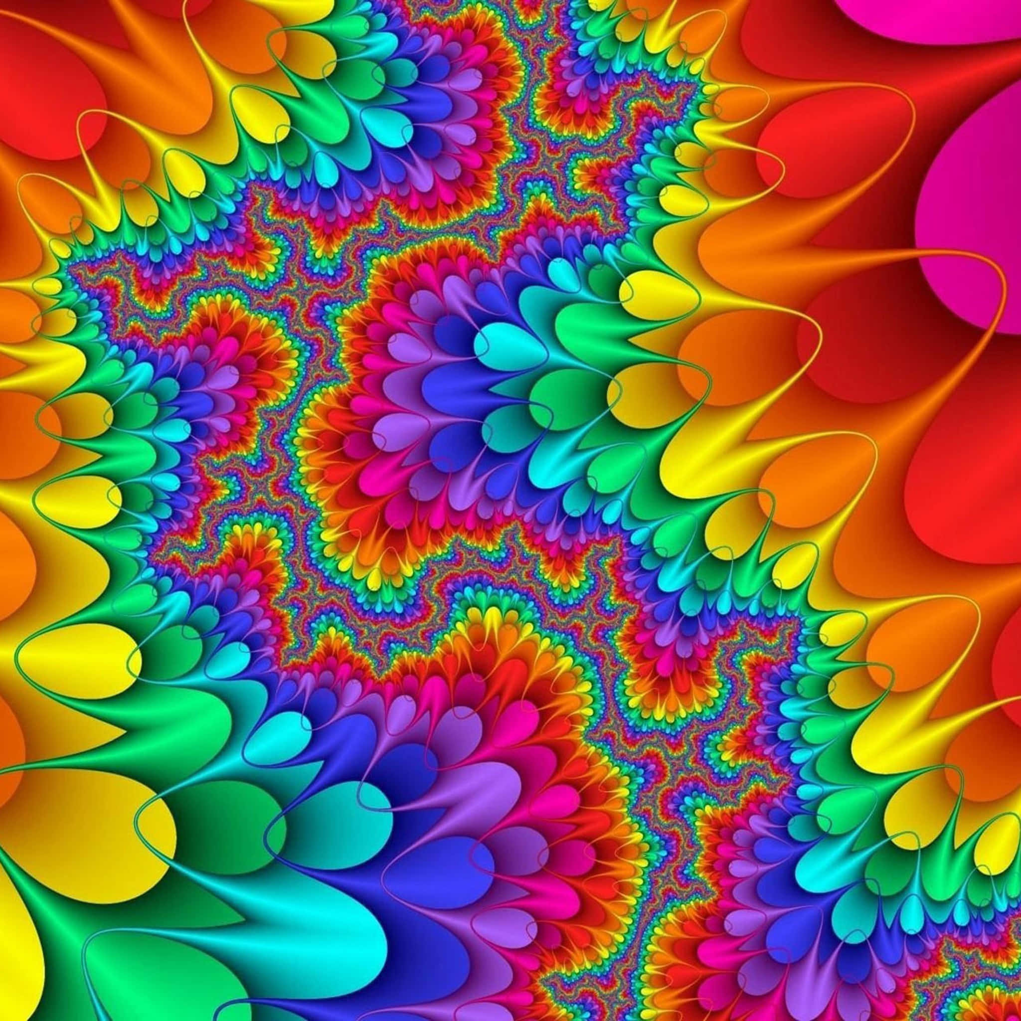 Colorful Abstract Art 桌布 壁紙 — 充滿活力的分形圖案在彩虹色調的萬花筒中爆炸，伴隨著旋轉的有機形狀和發光的漸變。