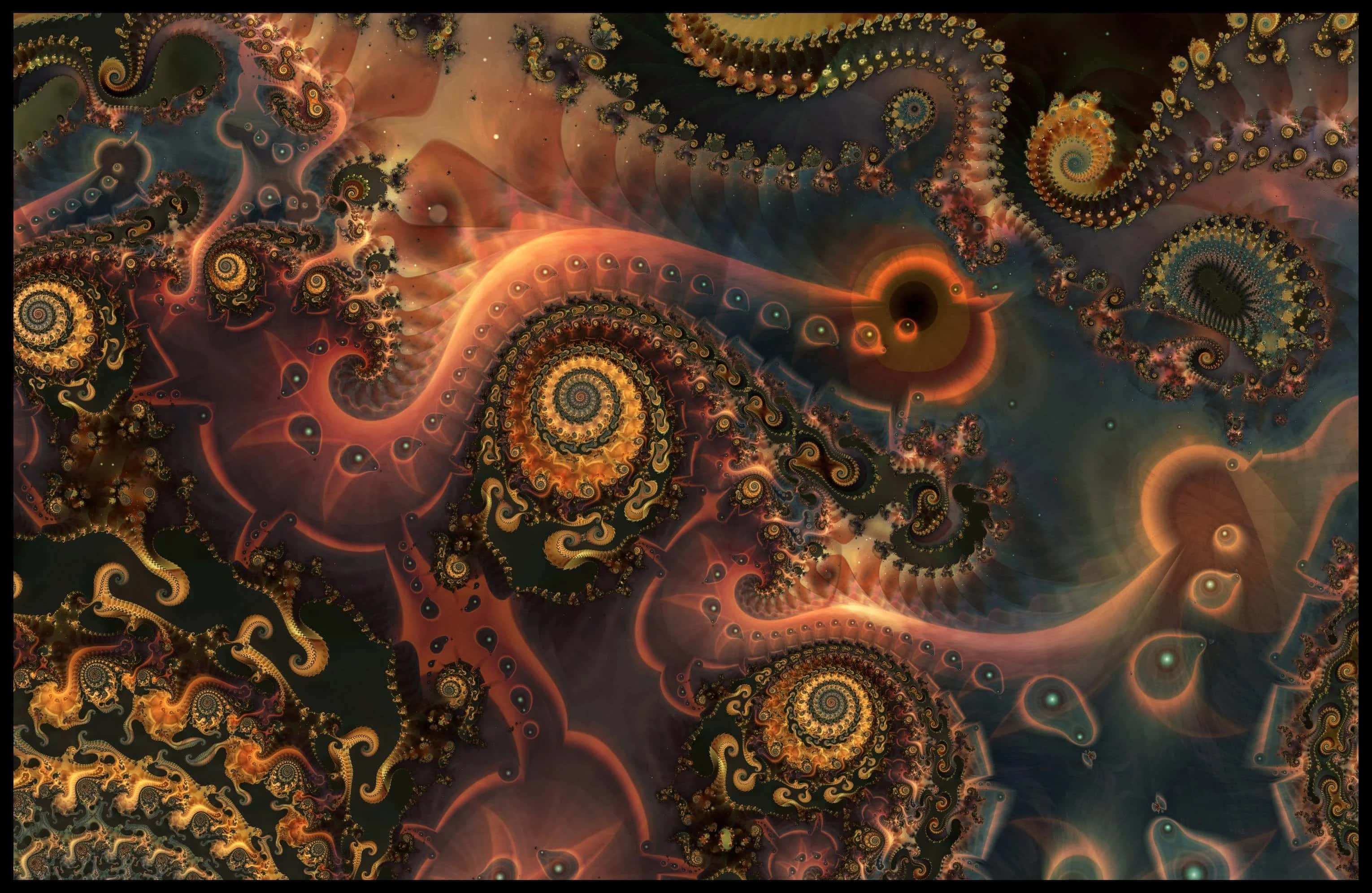 Psychedelic Fractals 桌布 壁紙 — 充滿活力的分形螺旋，以火熱的橙金色和深藍色在宇宙畫布上旋轉，帶有發光的有機圖案。