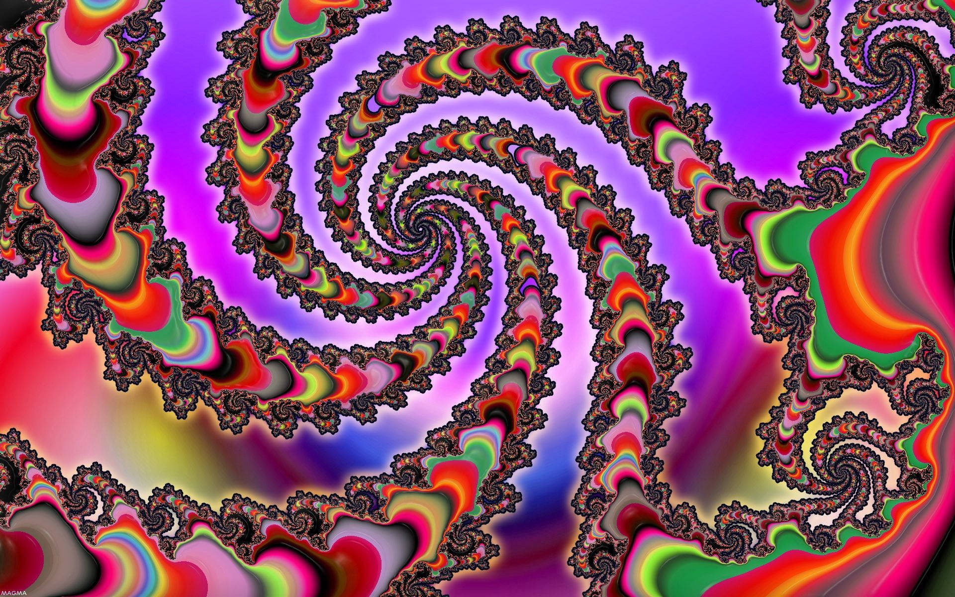 Optical Illusion 桌布 壁紙 — 充滿活力的分形螺旋，帶有彩虹色調，在紫色漸變背景上旋轉。
